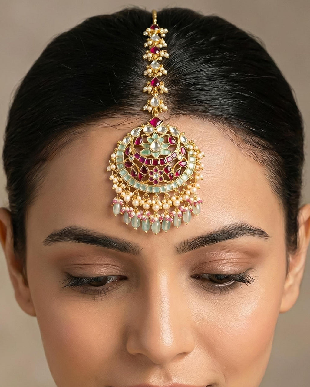 Handcrafted Kundan Mang Tikka | Ruby Red, Mint Green Bridal Headpiece, Pearl Drops