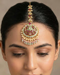 Handcrafted Kundan Mang Tikka | Ruby Red, Mint Green Bridal Headpiece, Pearl Drops