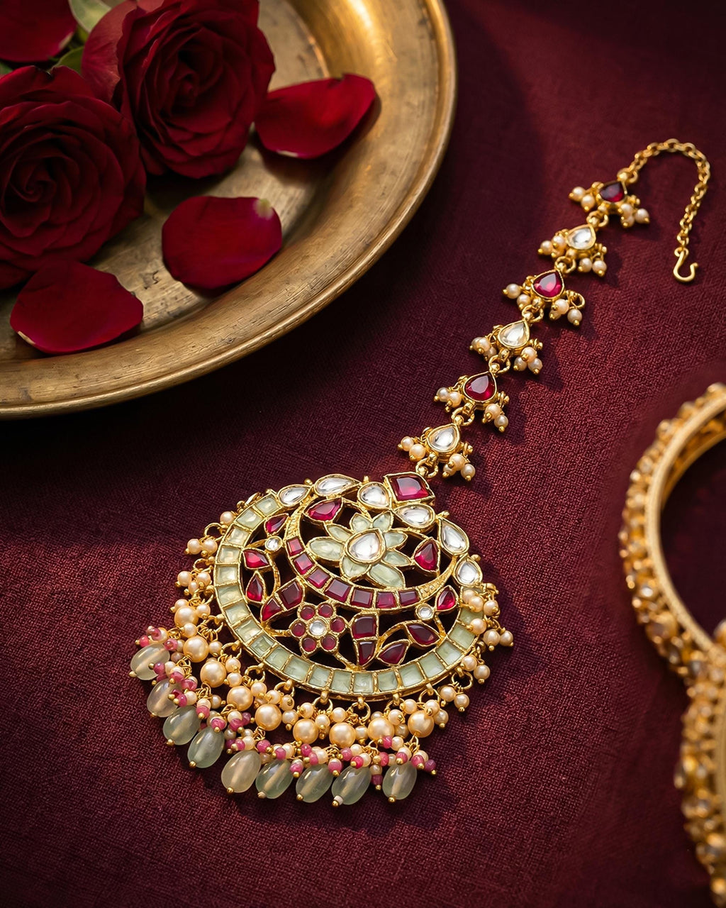 Handcrafted Kundan Mang Tikka | Ruby Red, Mint Green Bridal Headpiece, Pearl Drops