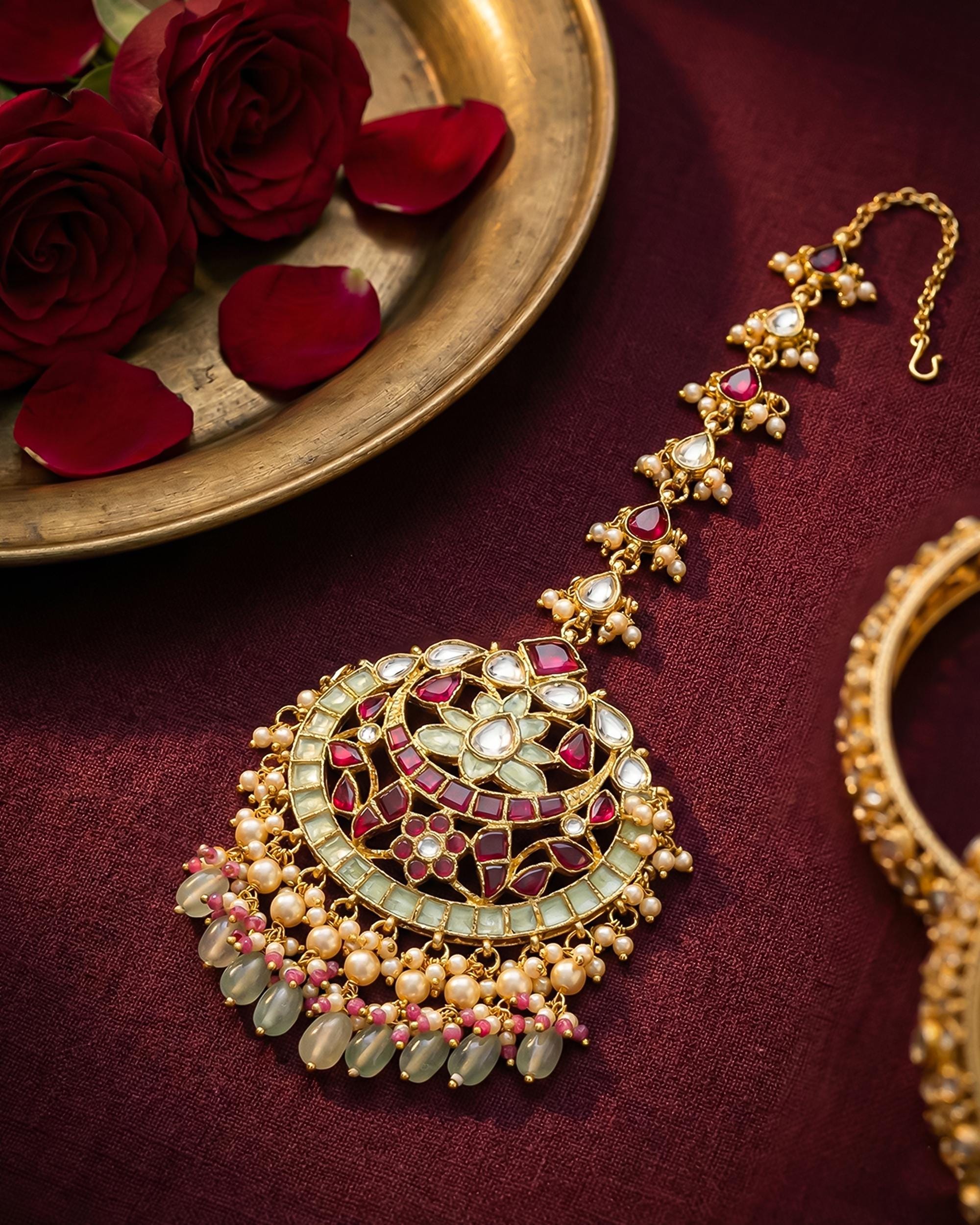 Handcrafted Kundan Mang Tikka | Ruby Red, Mint Green Bridal Headpiece, Pearl Drops