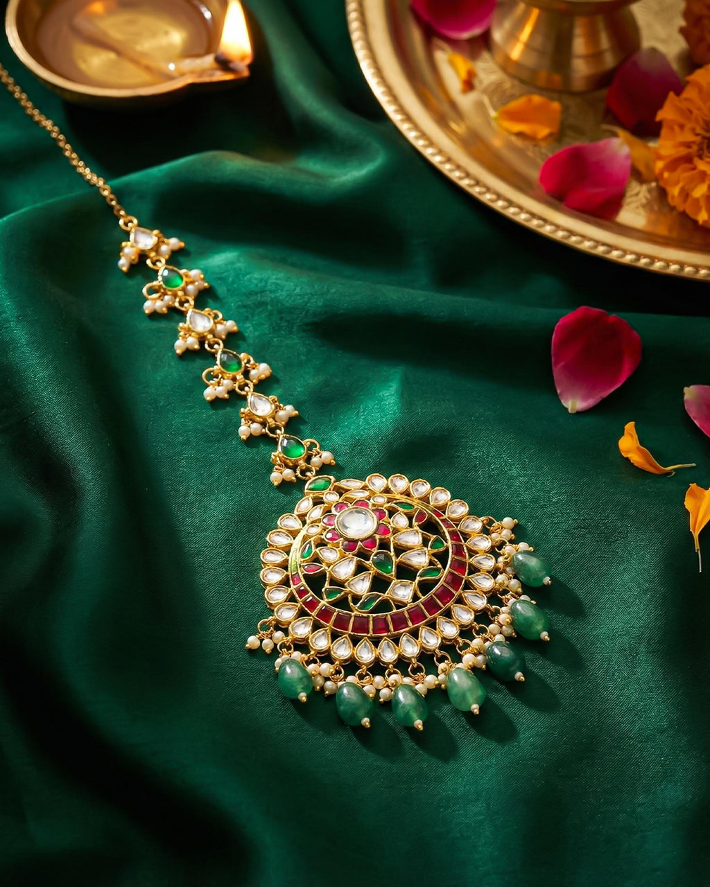 Handcrafted Kundan Mang Tikka | Gold-Tone Ruby Emerald Bridal Headpiece