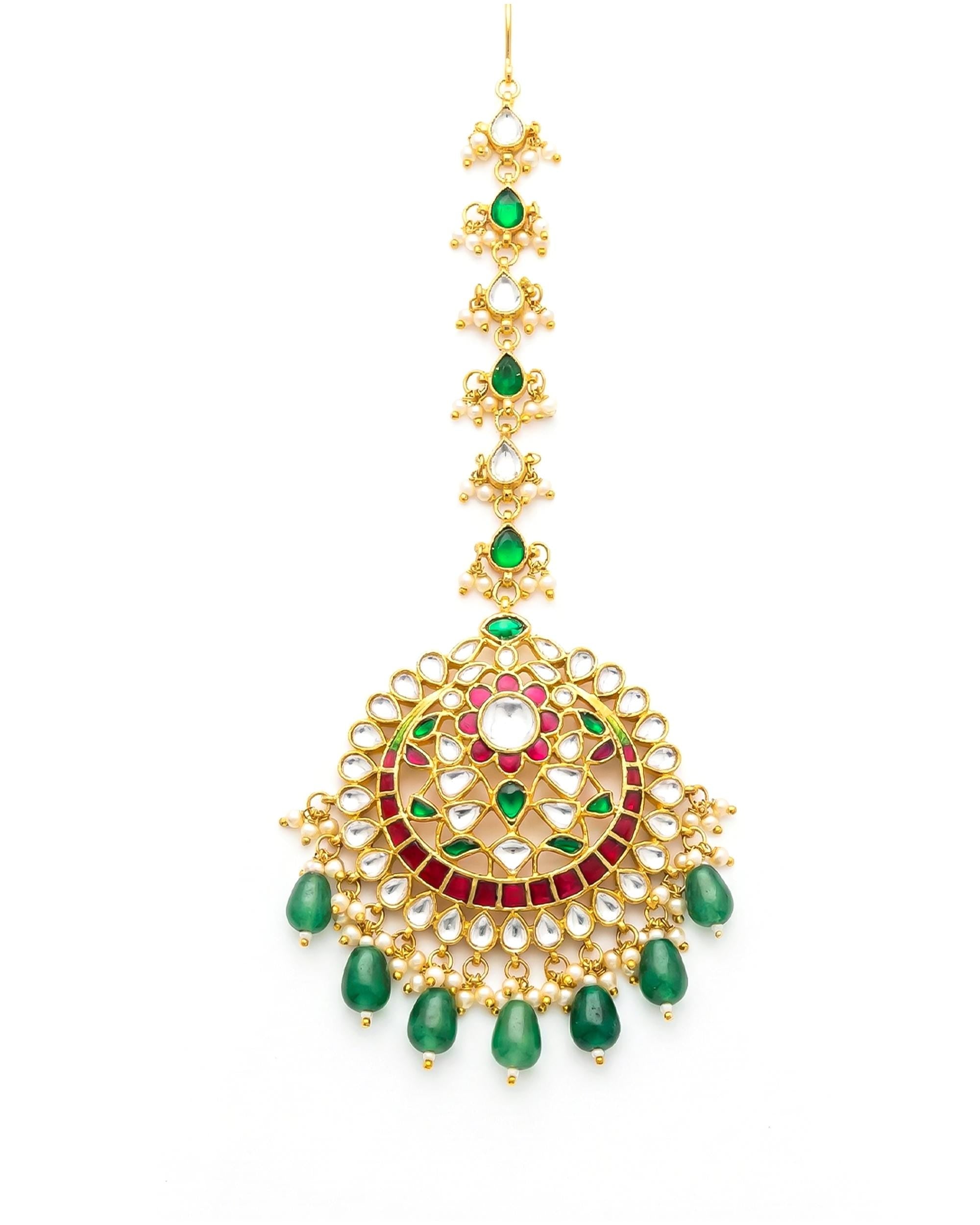 Handcrafted Kundan Mang Tikka | Gold-Tone Ruby Emerald Bridal Headpiece