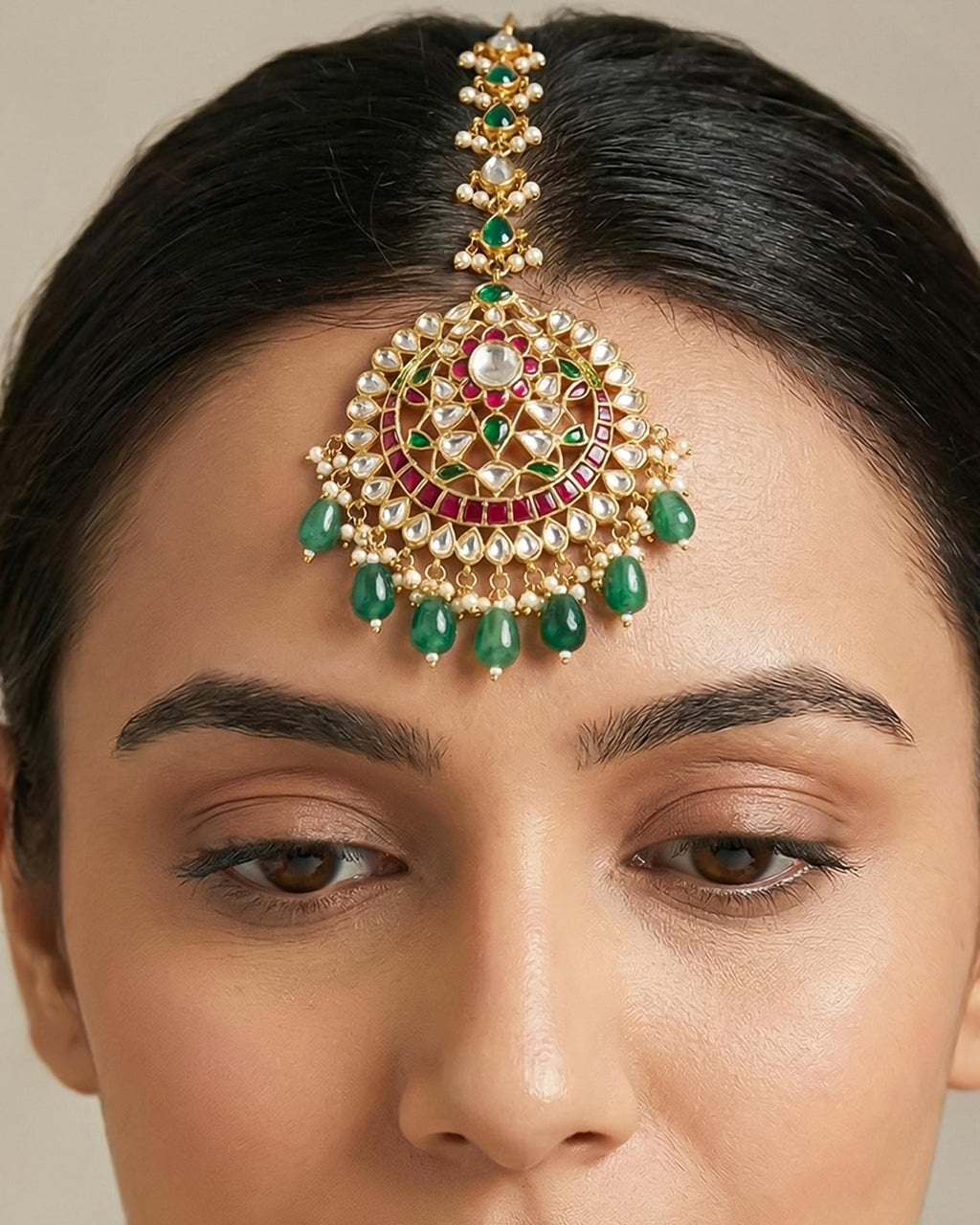 Handcrafted Kundan Mang Tikka | Gold-Tone Ruby Emerald Bridal Headpiece