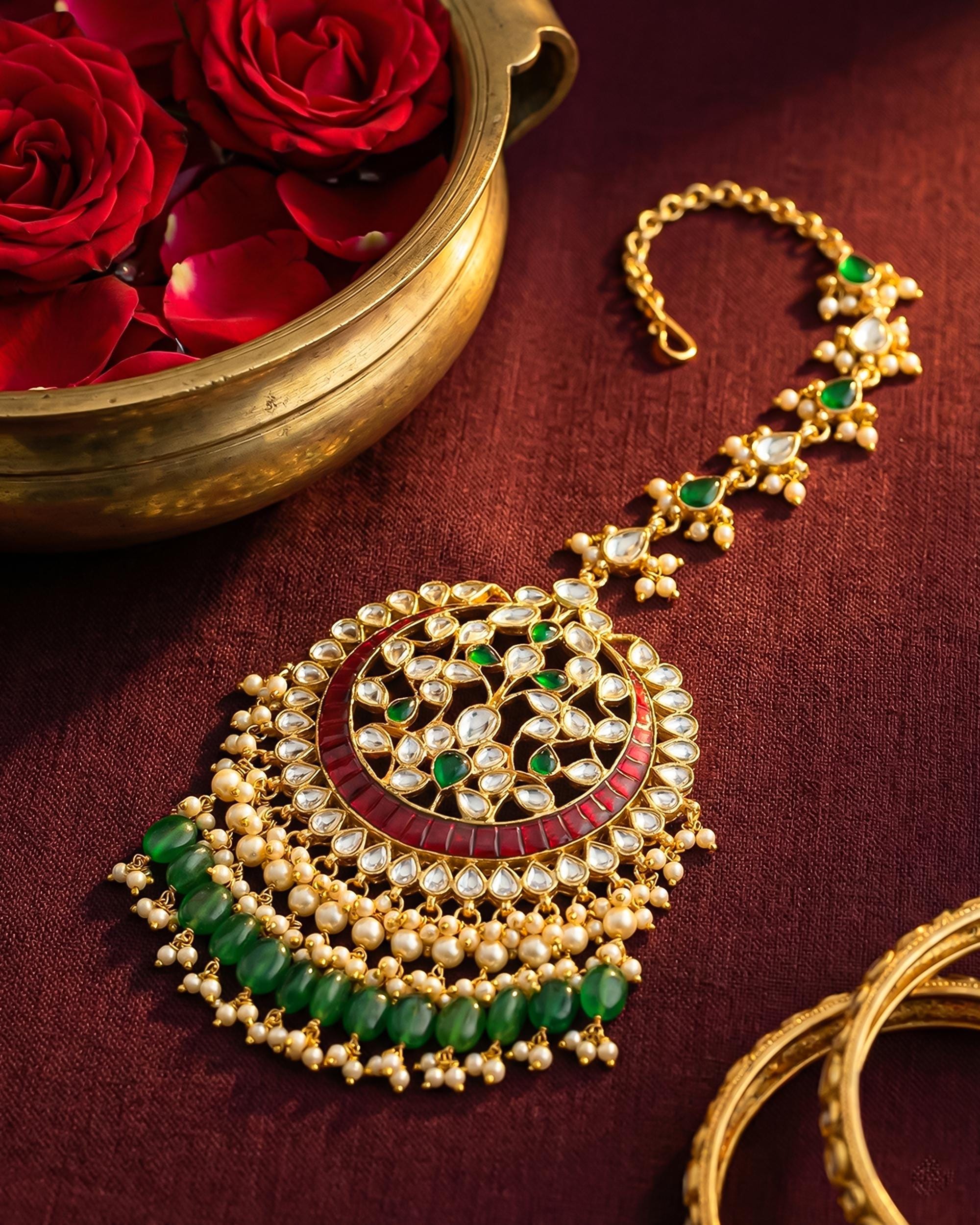 Kundan Mang Tikka | Ruby Red Emerald Green Bridal Headpiece | Royal Wedding Accessory