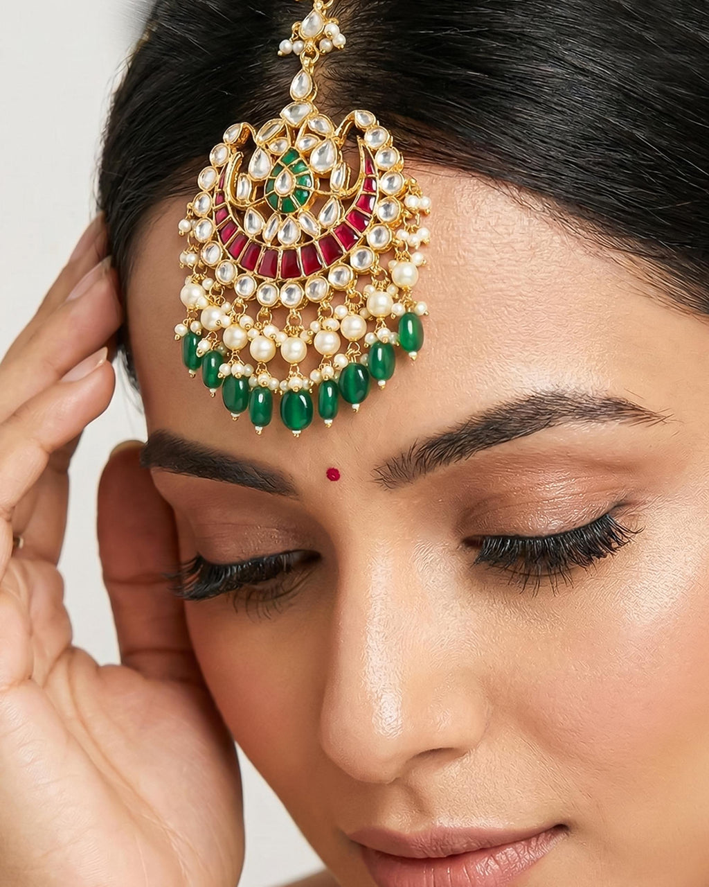 Kundan Mang Tikka | Gold-Tone Indian Bridal Headpiece, Ruby Red, Emerald Green Stones