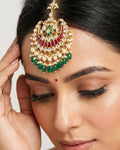 Kundan Mang Tikka | Gold-Tone Indian Bridal Headpiece, Ruby Red, Emerald Green Stones