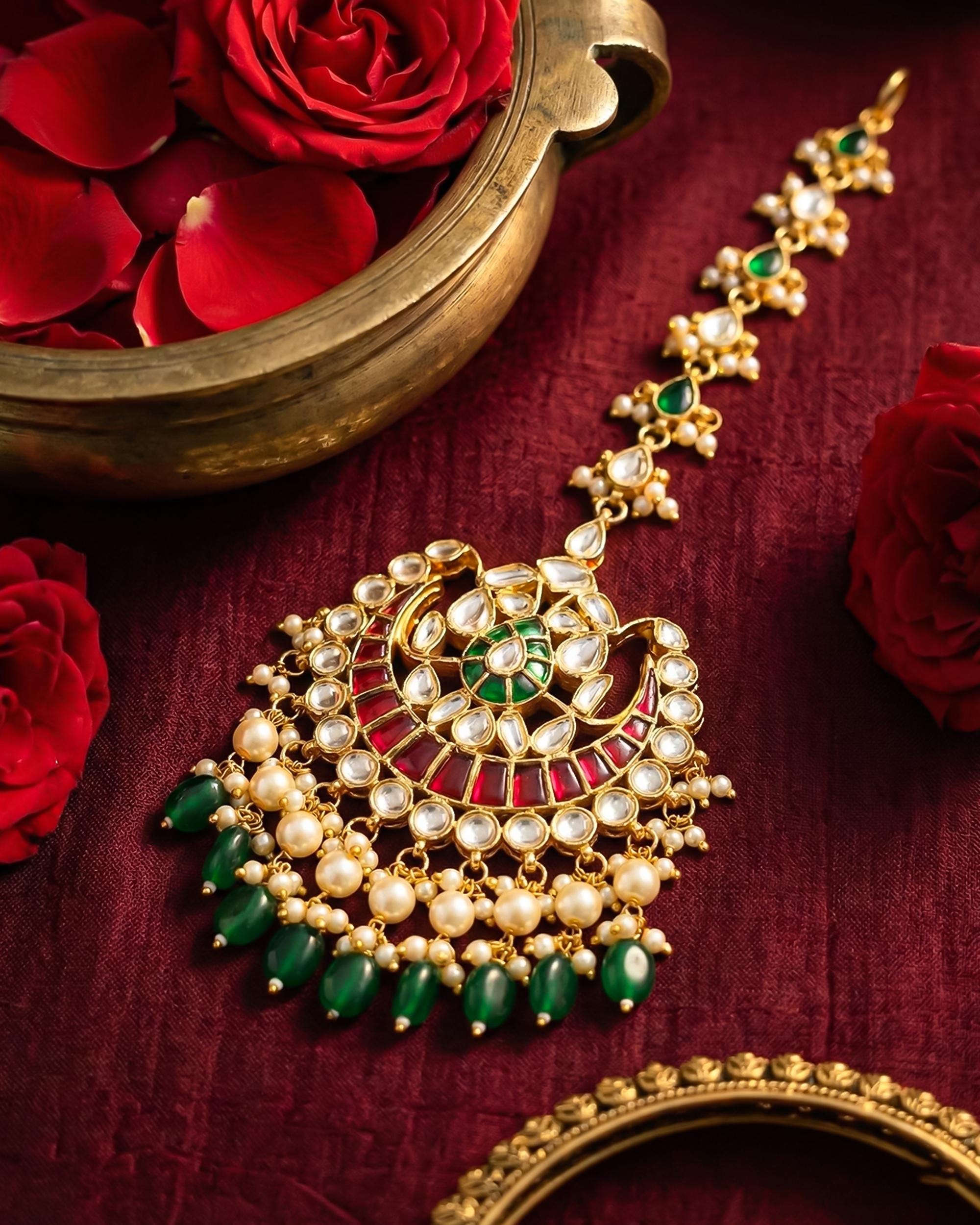 Kundan Mang Tikka | Gold-Tone Indian Bridal Headpiece, Ruby Red, Emerald Green Stones