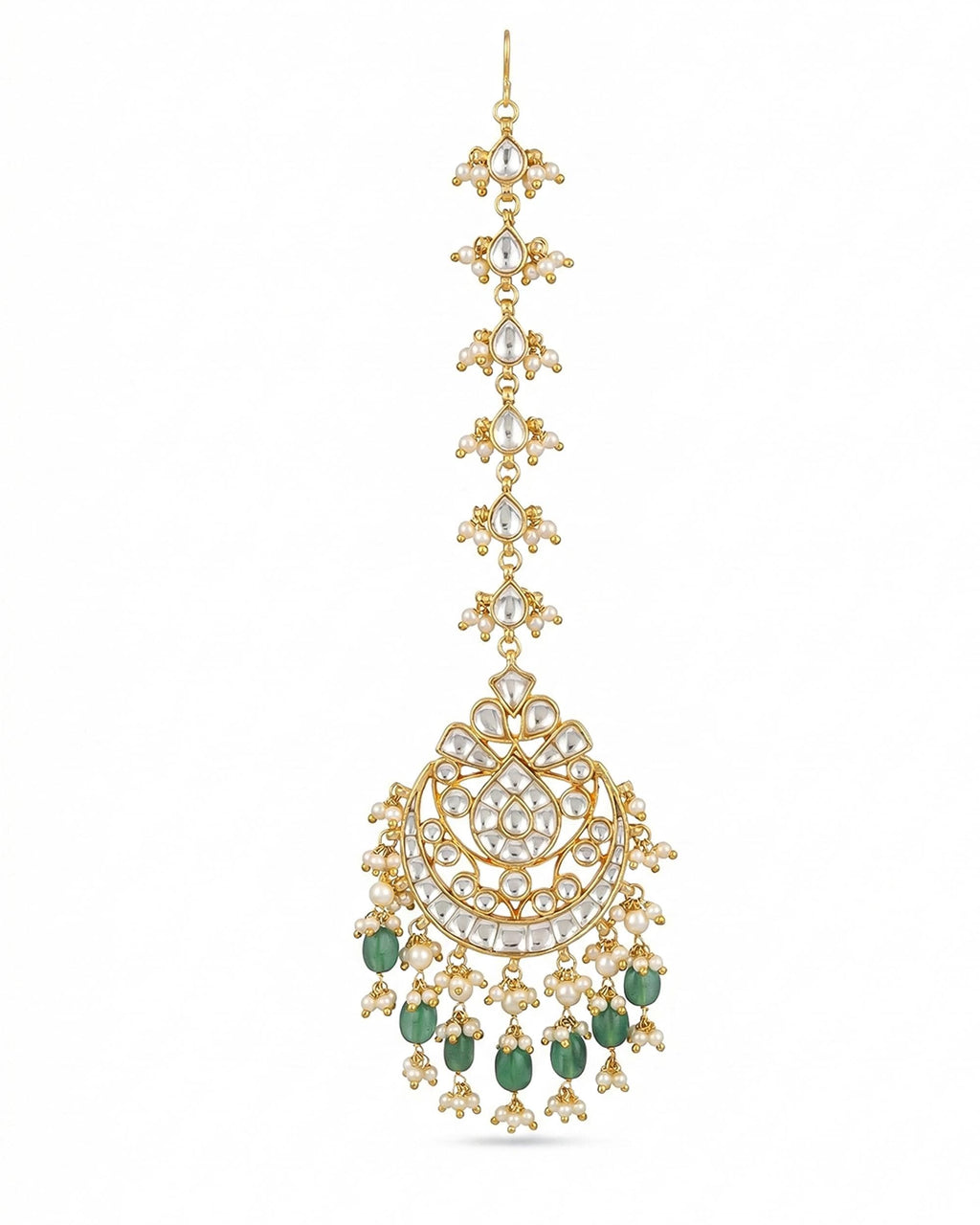 Kundan Mang Tikka with Emerald Drops | Indian Bridal Headpiece, Pearl Accent