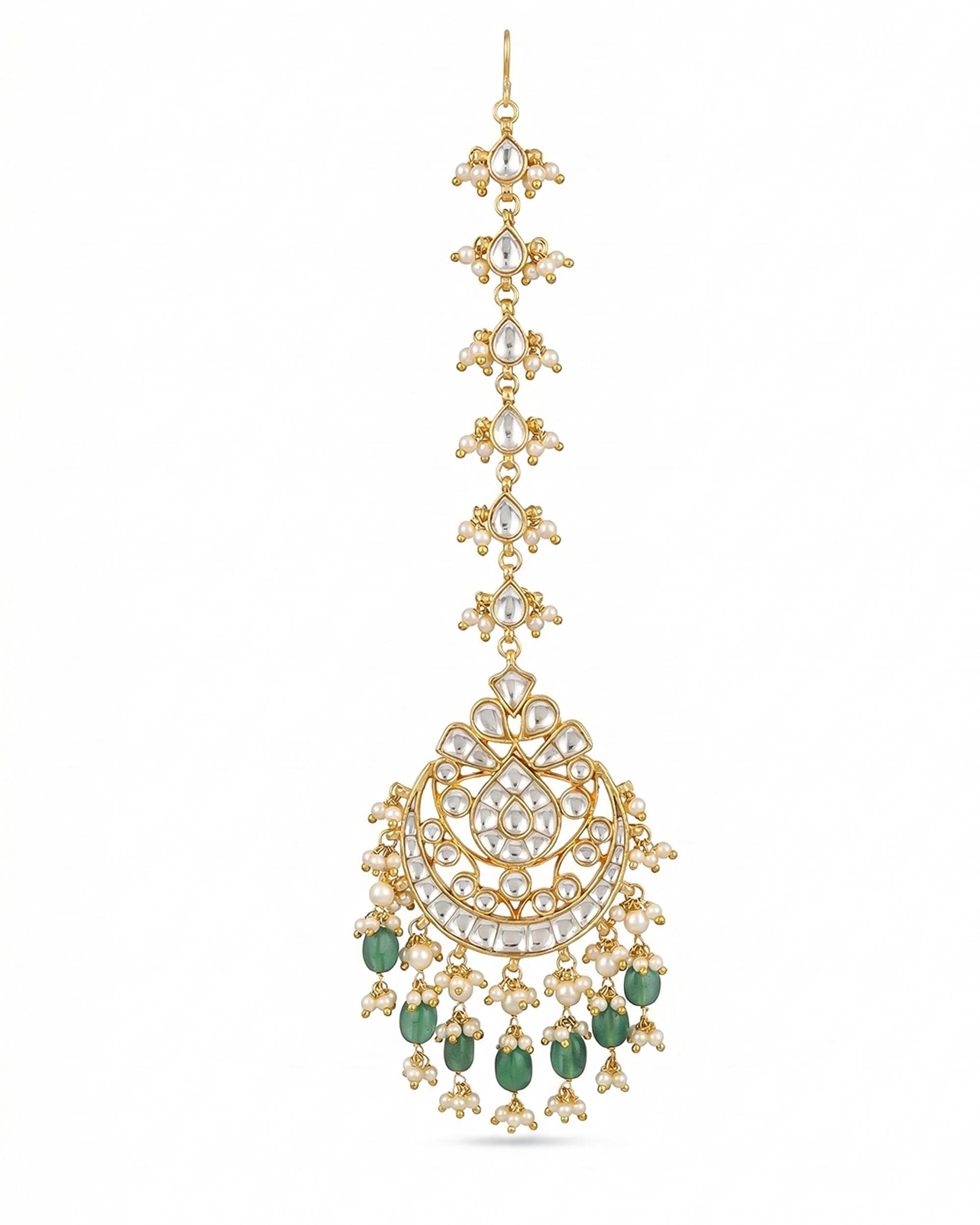 Kundan Mang Tikka with Emerald Drops | Indian Bridal Headpiece, Pearl Accent