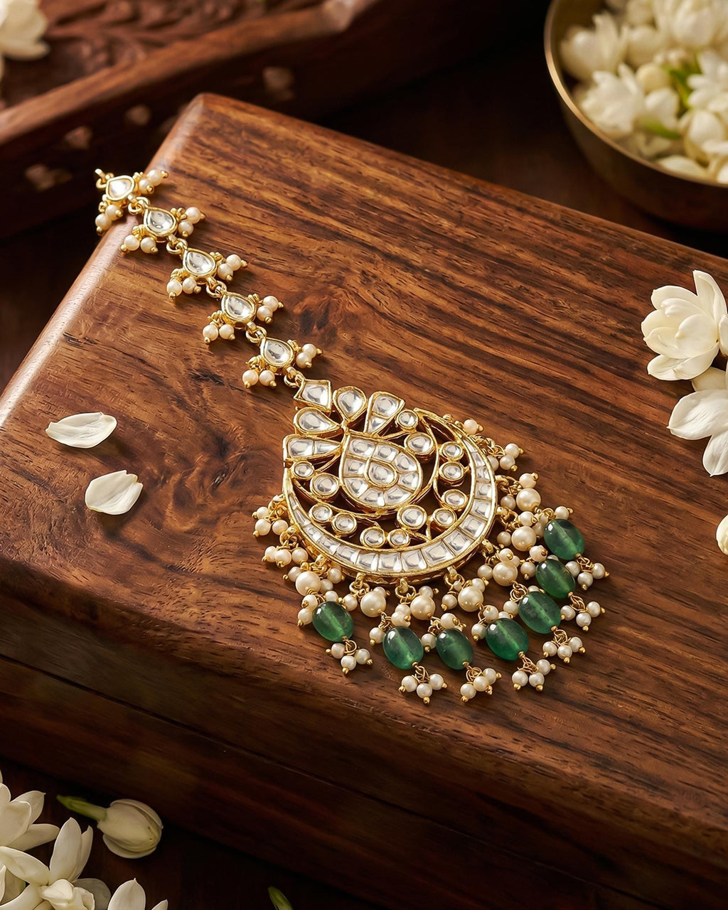 Kundan Mang Tikka with Emerald Drops | Indian Bridal Headpiece, Pearl Accent
