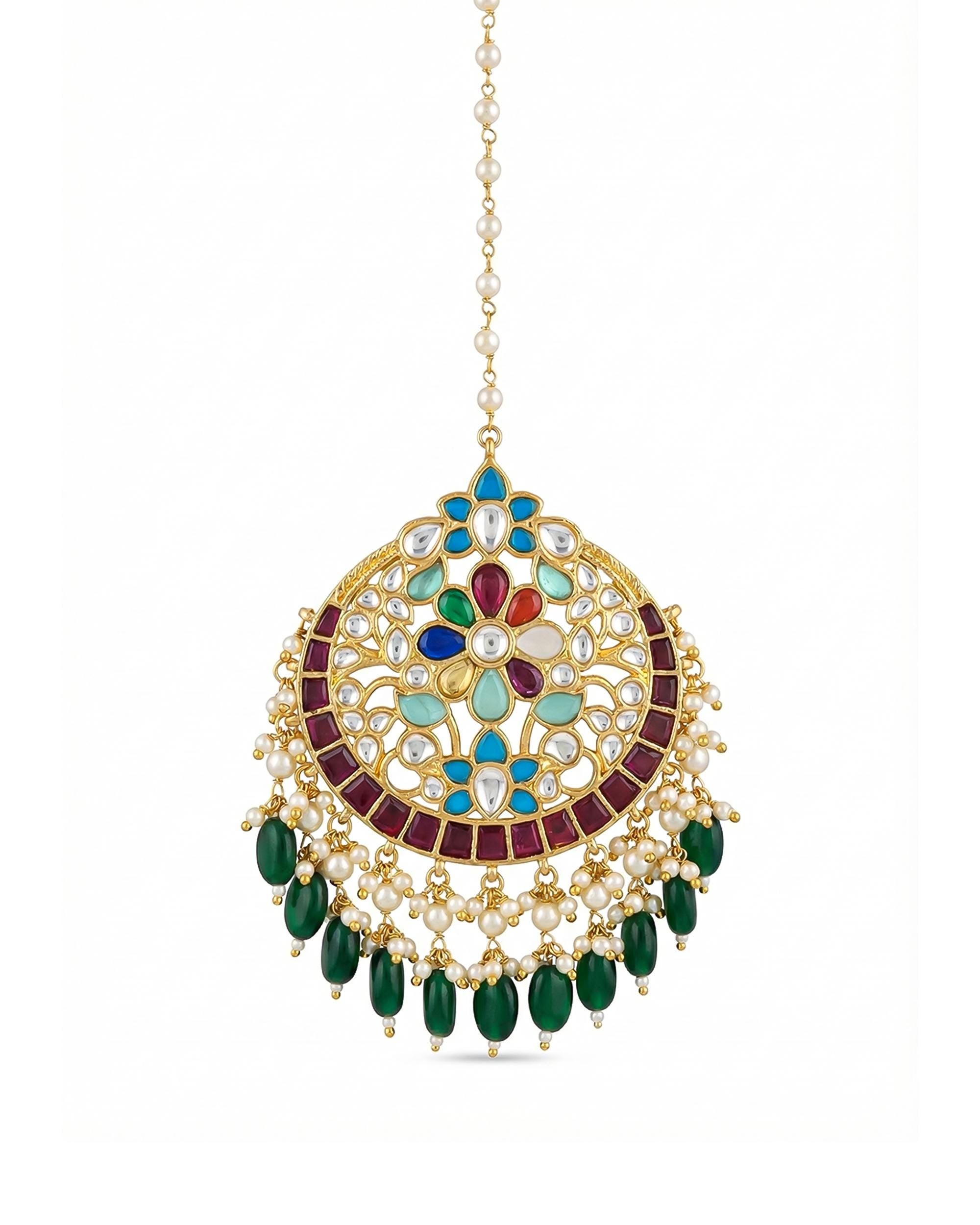 Multicolor Kundan Mang Tikka | Indian Bridal Headpiece, Meenakari Enamel, Pearl Fringe