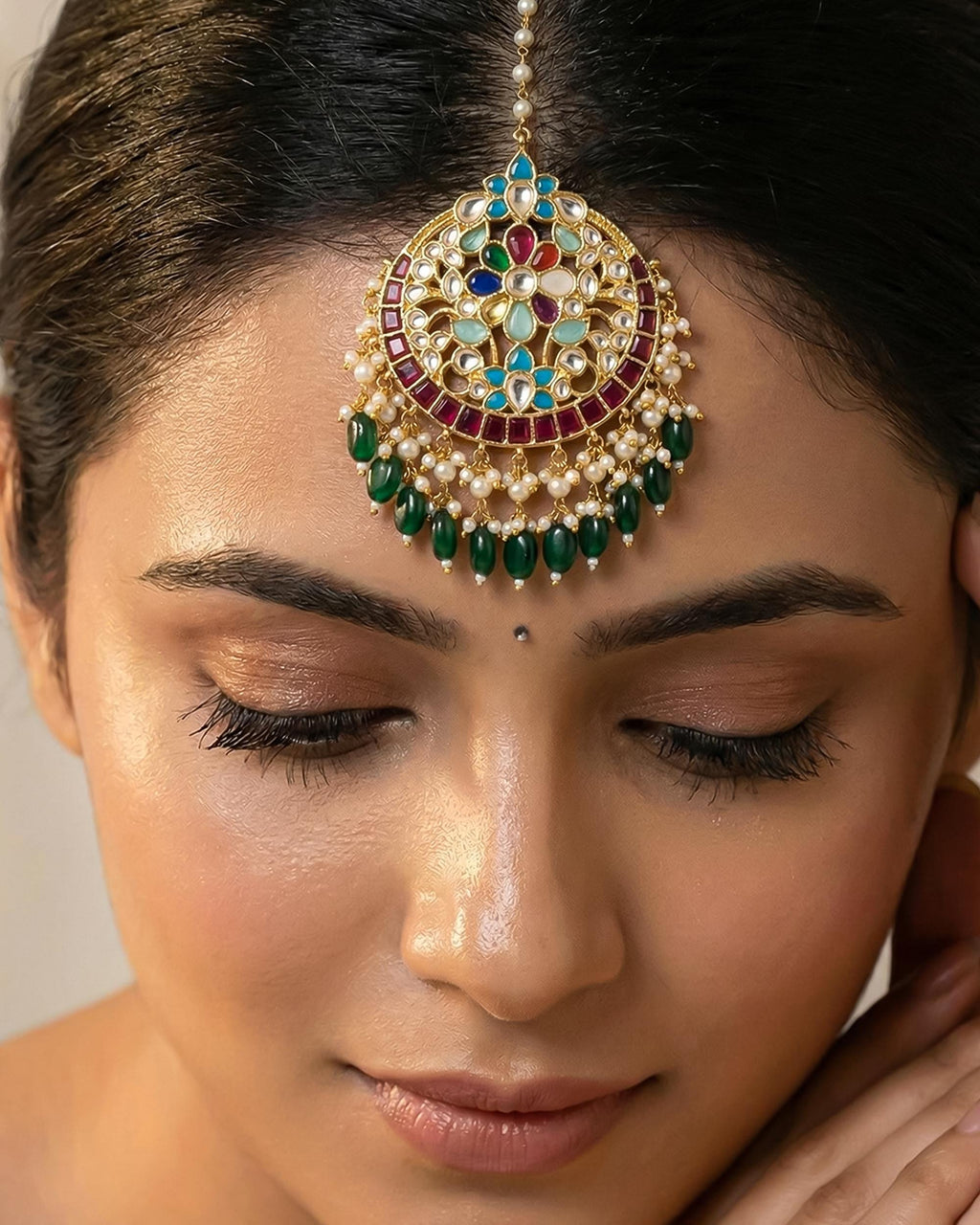 Multicolor Kundan Mang Tikka | Indian Bridal Headpiece, Meenakari Enamel, Pearl Fringe