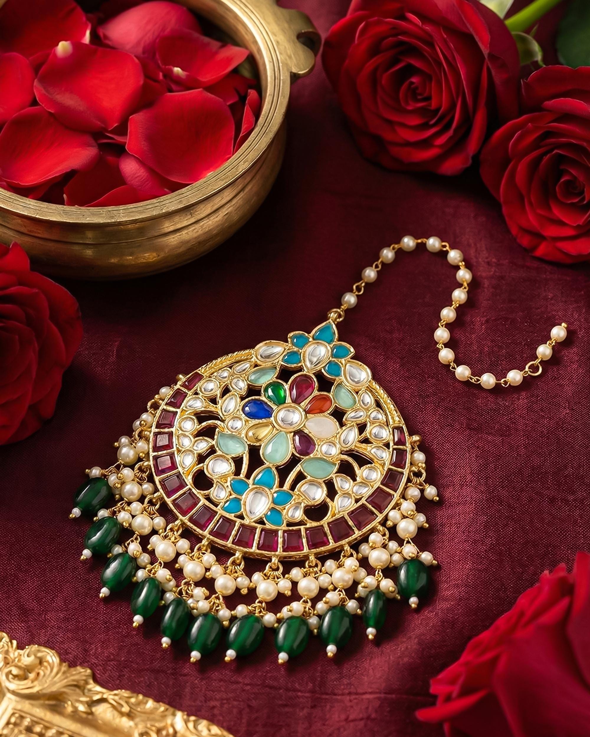 Multicolor Kundan Mang Tikka | Indian Bridal Headpiece, Meenakari Enamel, Pearl Fringe