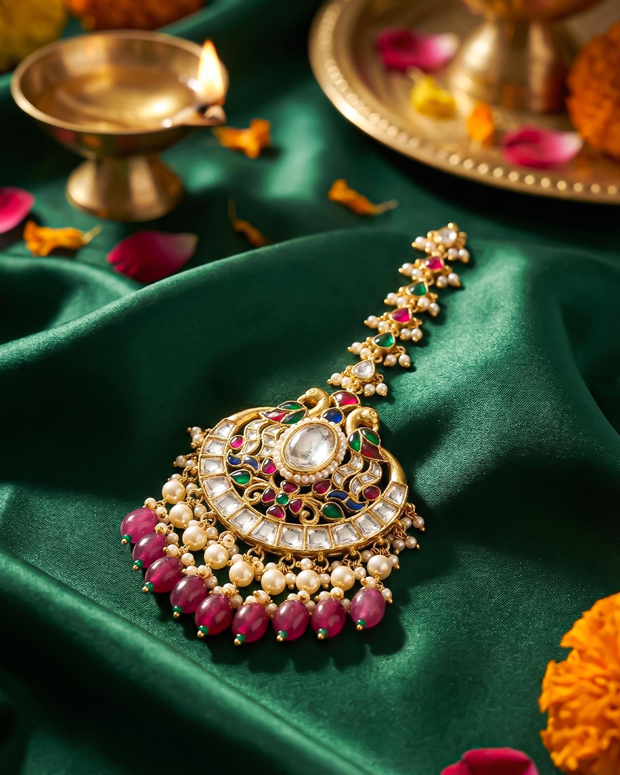 Royal Peacock Kundan Mang Tikka | Gold-Tone Indian Bridal Headpiece, Pearl Drop Tikka