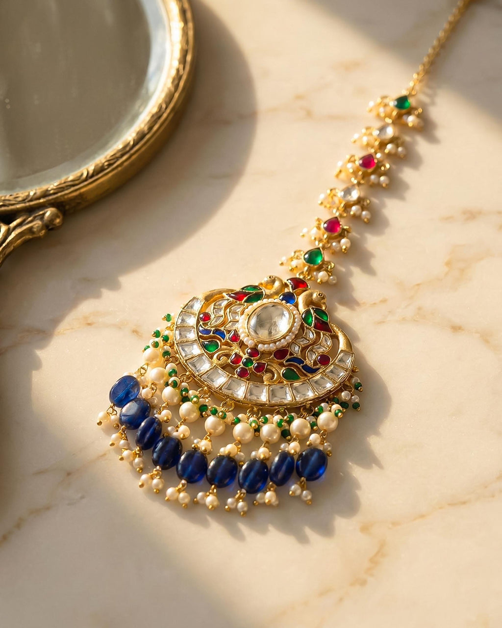 Peacock Kundan Mang Tikka | Gold-Tone Indian Bridal Headpiece, Pearl Drop Festive Jewelry