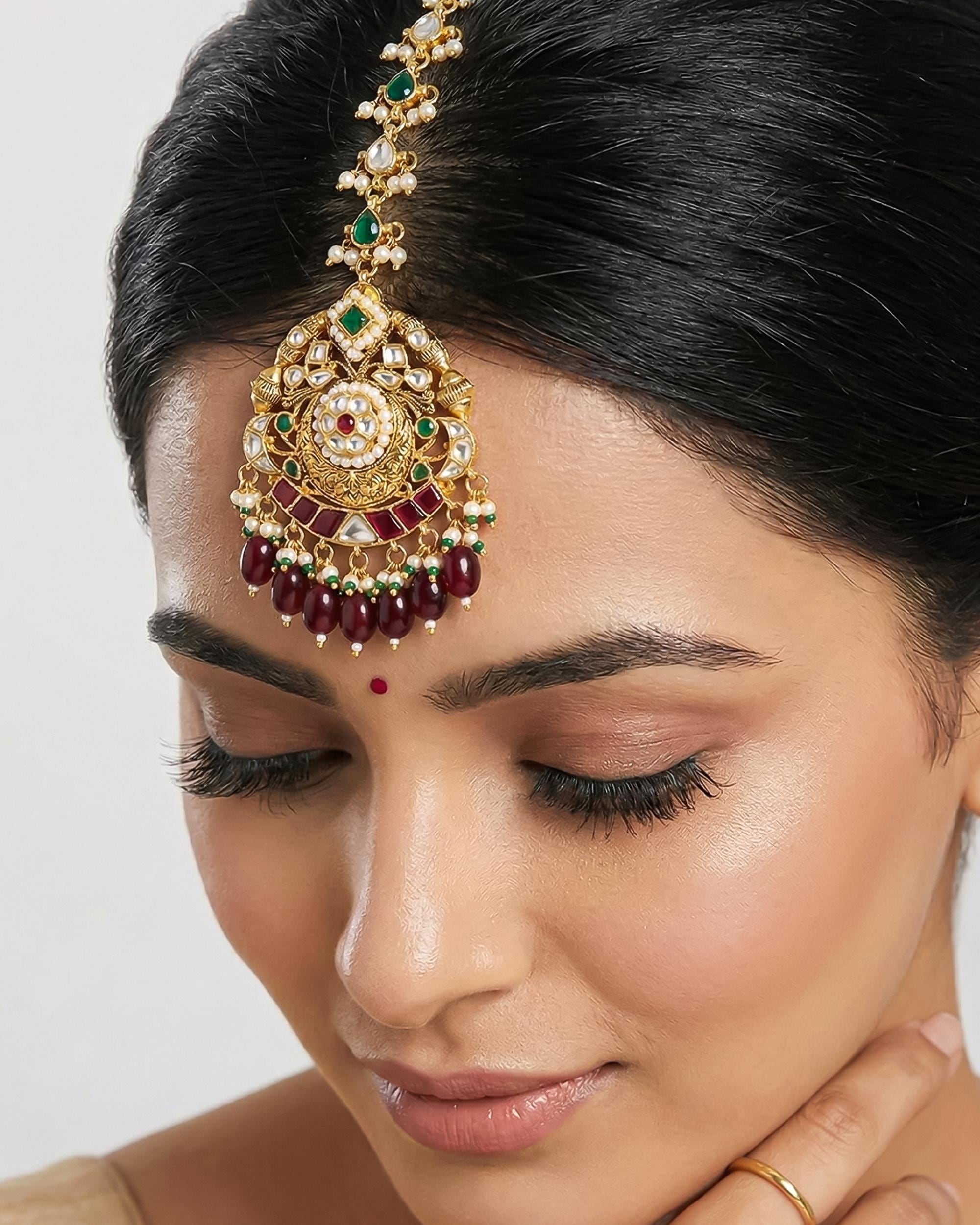 Traditional Kundan Mang Tikka | Ruby Red Emerald Green Royal Wedding Headpiece
