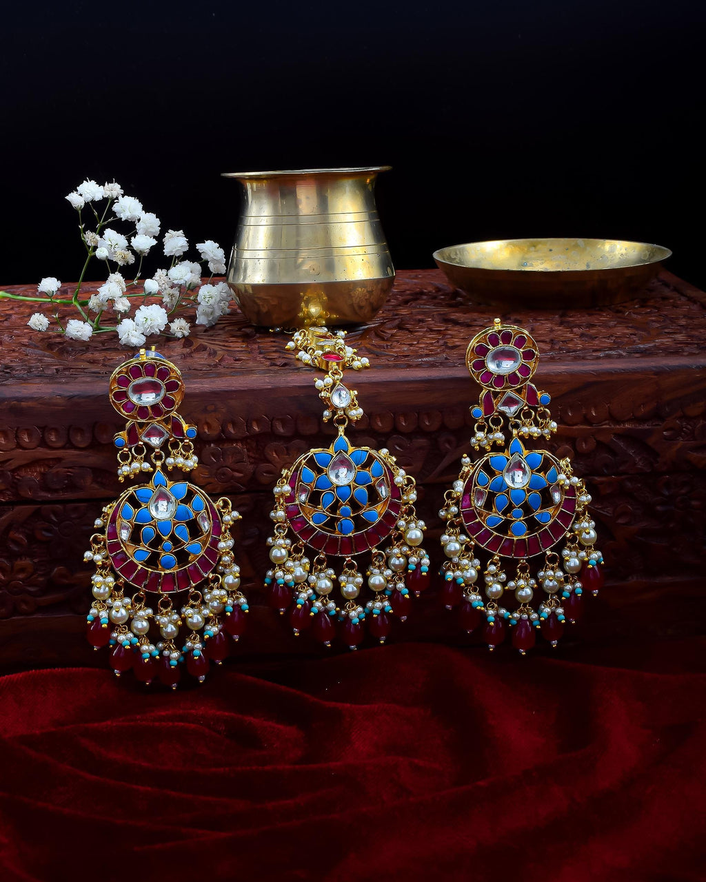 maang tikka set Kundan Meenakari Earring and Maang Tikka Set | Ruby Red Turquoise Bridal Jewelry
