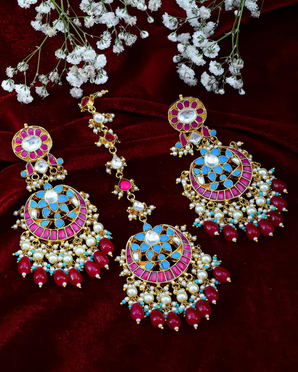 maang tikka set Kundan Meenakari Earring and Maang Tikka Set | Ruby Red Turquoise Bridal Jewelry