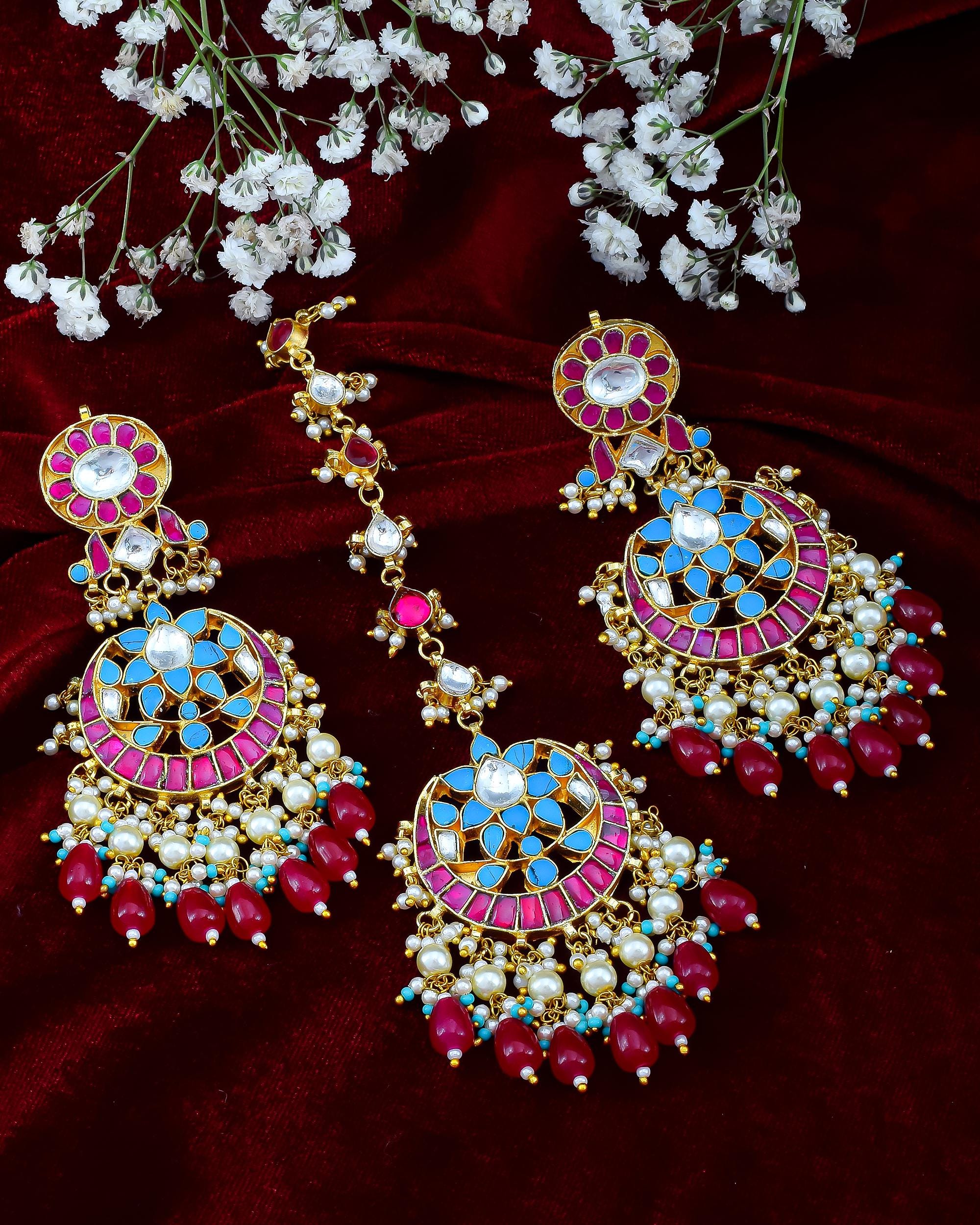 maang tikka set Kundan Meenakari Earring and Maang Tikka Set | Ruby Red Turquoise Bridal Jewelry