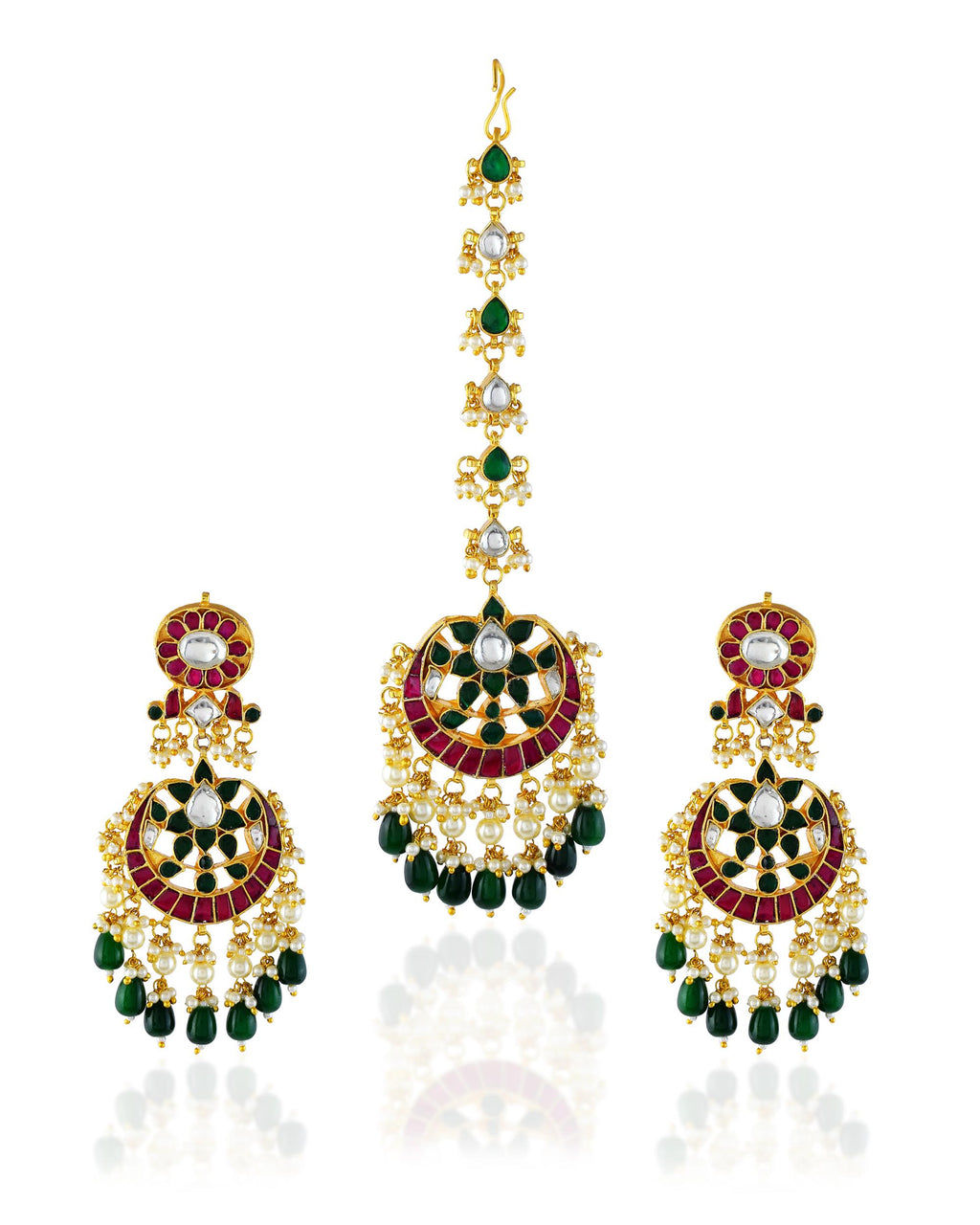 kundan jewellery Emerald Green Kundan  Tikka Set, Traditional Earrings, Indian Bridal Hair Jewelry, Punjabi Wedding Jewelry, Bollywood Set