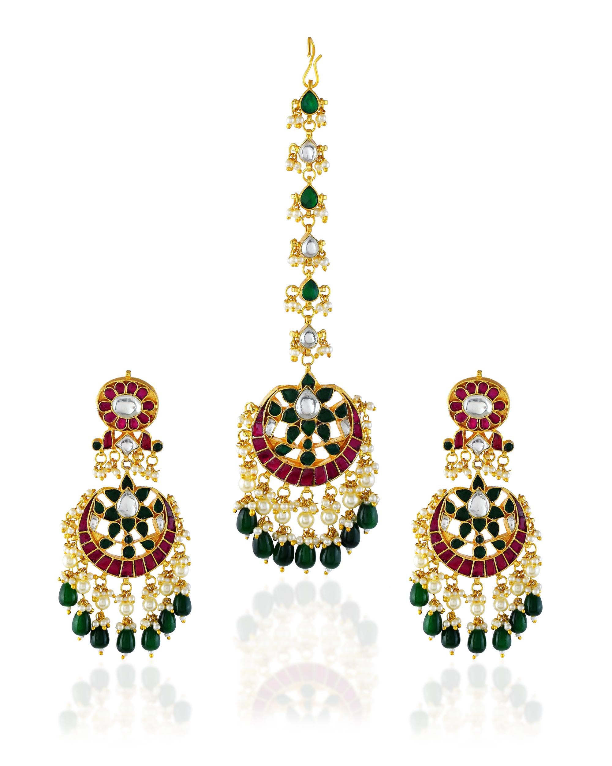 kundan jewellery Emerald Green Kundan  Tikka Set, Traditional Earrings, Indian Bridal Hair Jewelry, Punjabi Wedding Jewelry, Bollywood Set