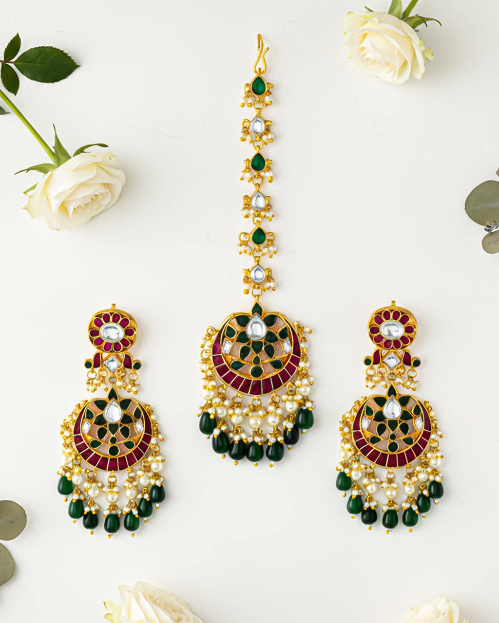 kundan jewellery Emerald Green Kundan  Tikka Set, Traditional Earrings, Indian Bridal Hair Jewelry, Punjabi Wedding Jewelry, Bollywood Set