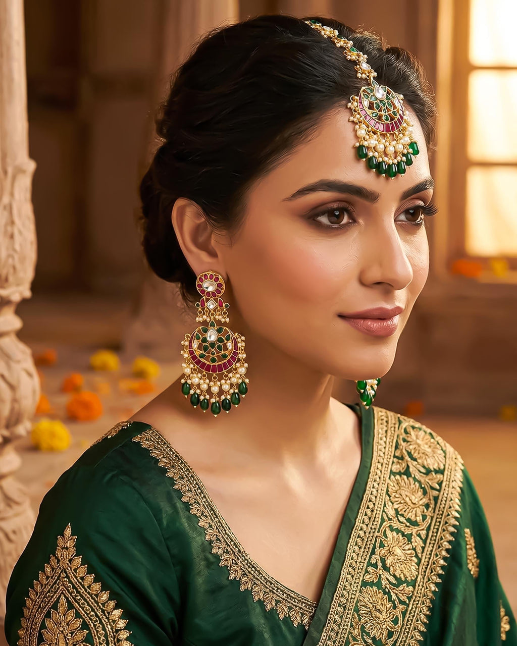 kundan jewellery Emerald Green Kundan  Tikka Set, Traditional Earrings, Indian Bridal Hair Jewelry, Punjabi Wedding Jewelry, Bollywood Set
