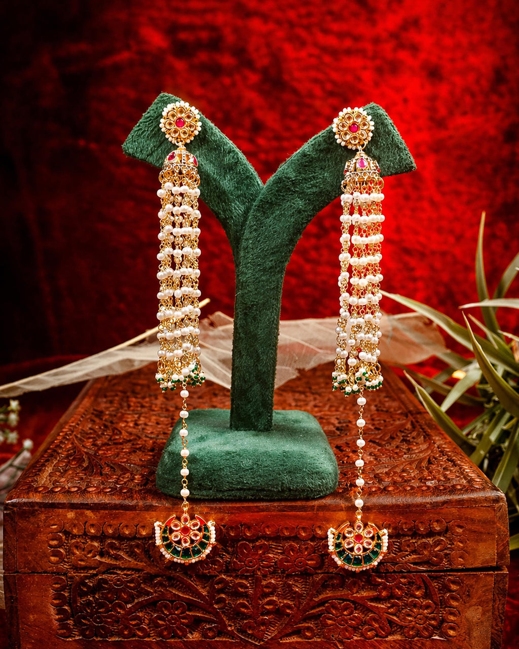 Royal Pearl Jhumka Earrings with Chandbali Drape | Indian Bridal Statement Meenakari Jewelry