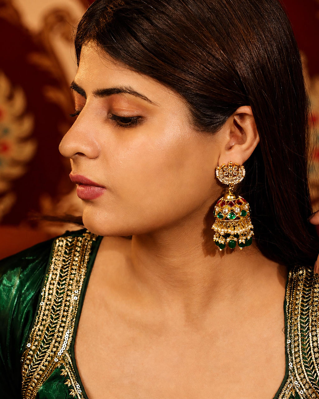 Green Kundan Jhumka Earrings | Pearl Drop Bridal Jewelry | Gold Tone Indian Festive