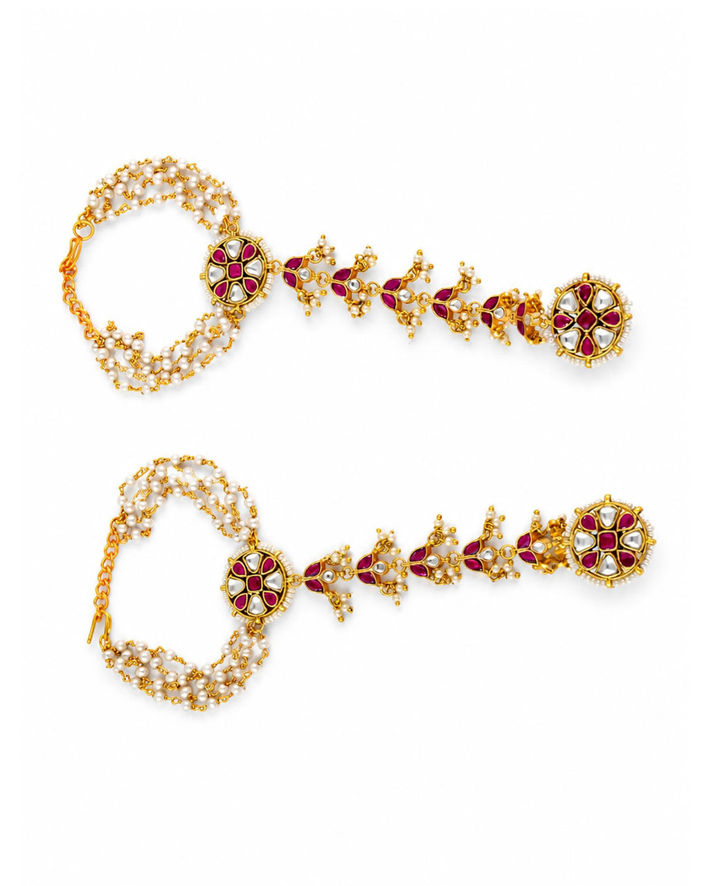 Hand Harness Hathphool | Ruby Red Kundan Pearl Indian Wedding Accessory