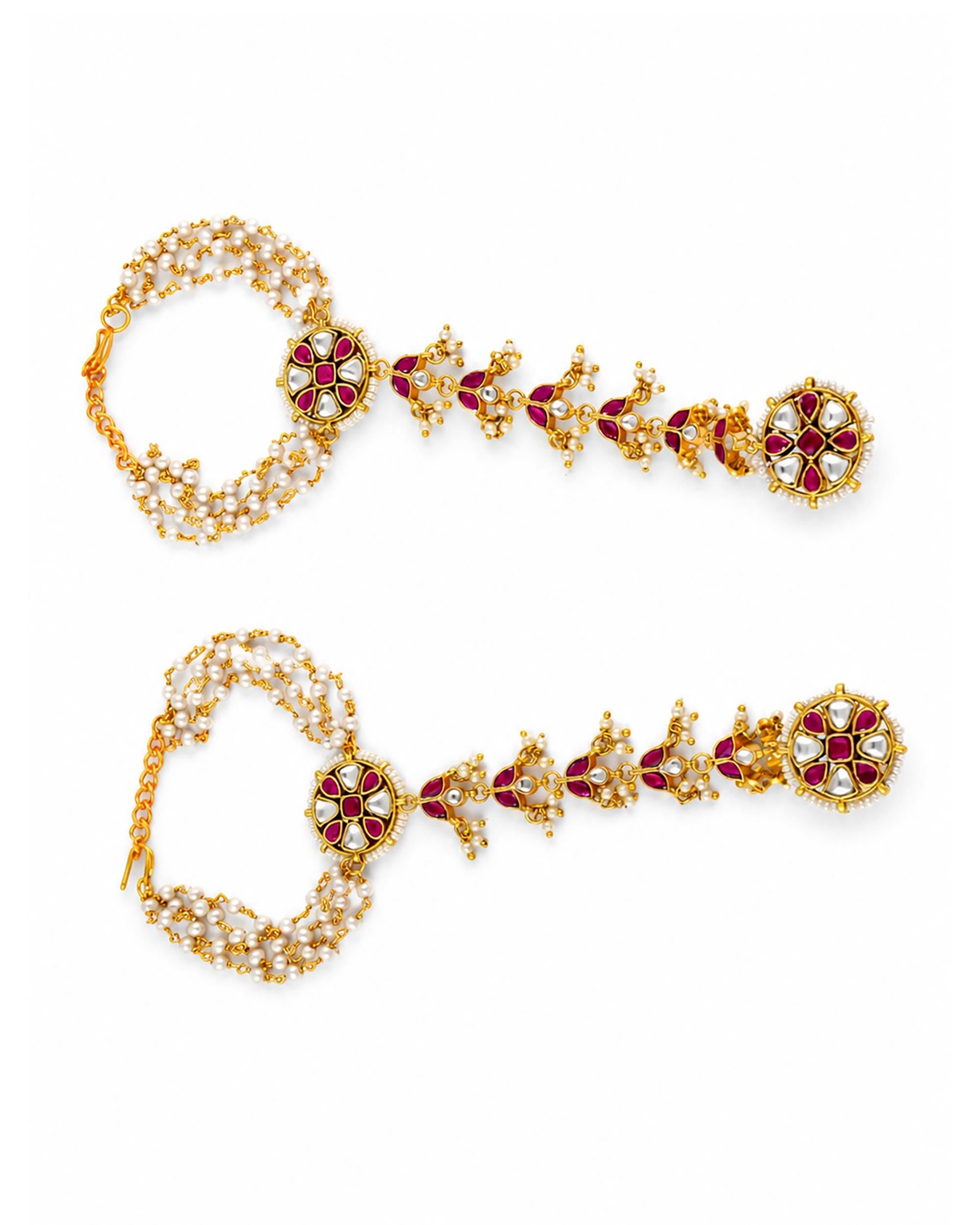 Hand Harness Hathphool | Ruby Red Kundan Pearl Indian Wedding Accessory