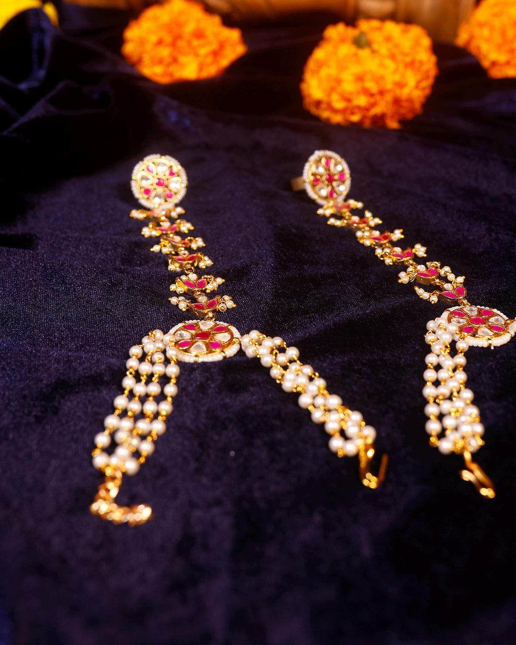 Hand Harness Hathphool | Ruby Red Kundan Pearl Indian Wedding Accessory