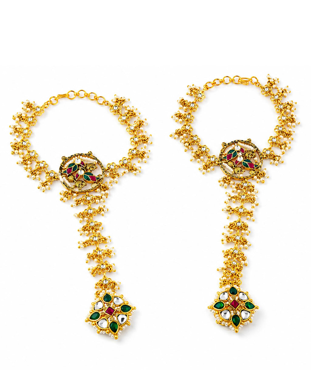 Traditional Kundan Pearl Hathphool | Indian Bridal Hand Harness, Ruby Red Stone Accessory