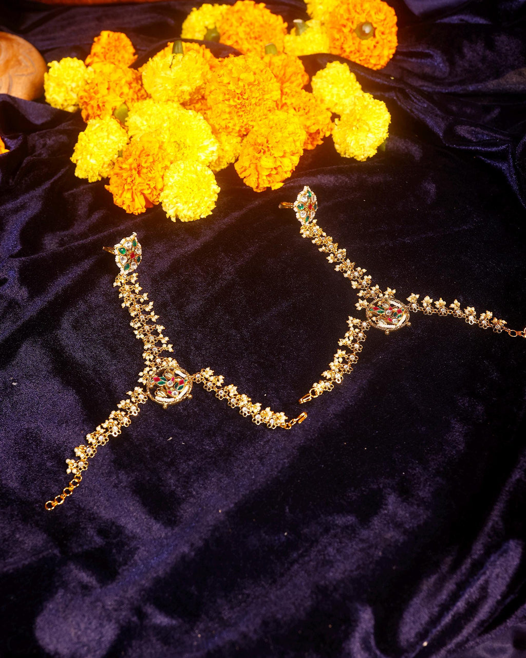 Traditional Kundan Pearl Hathphool | Indian Bridal Hand Harness, Ruby Red Stone Accessory