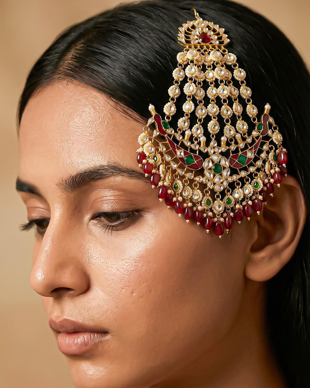 Traditional Kundan Meenakari Passa | Ruby Emerald Bridal Jhumar Headpiece