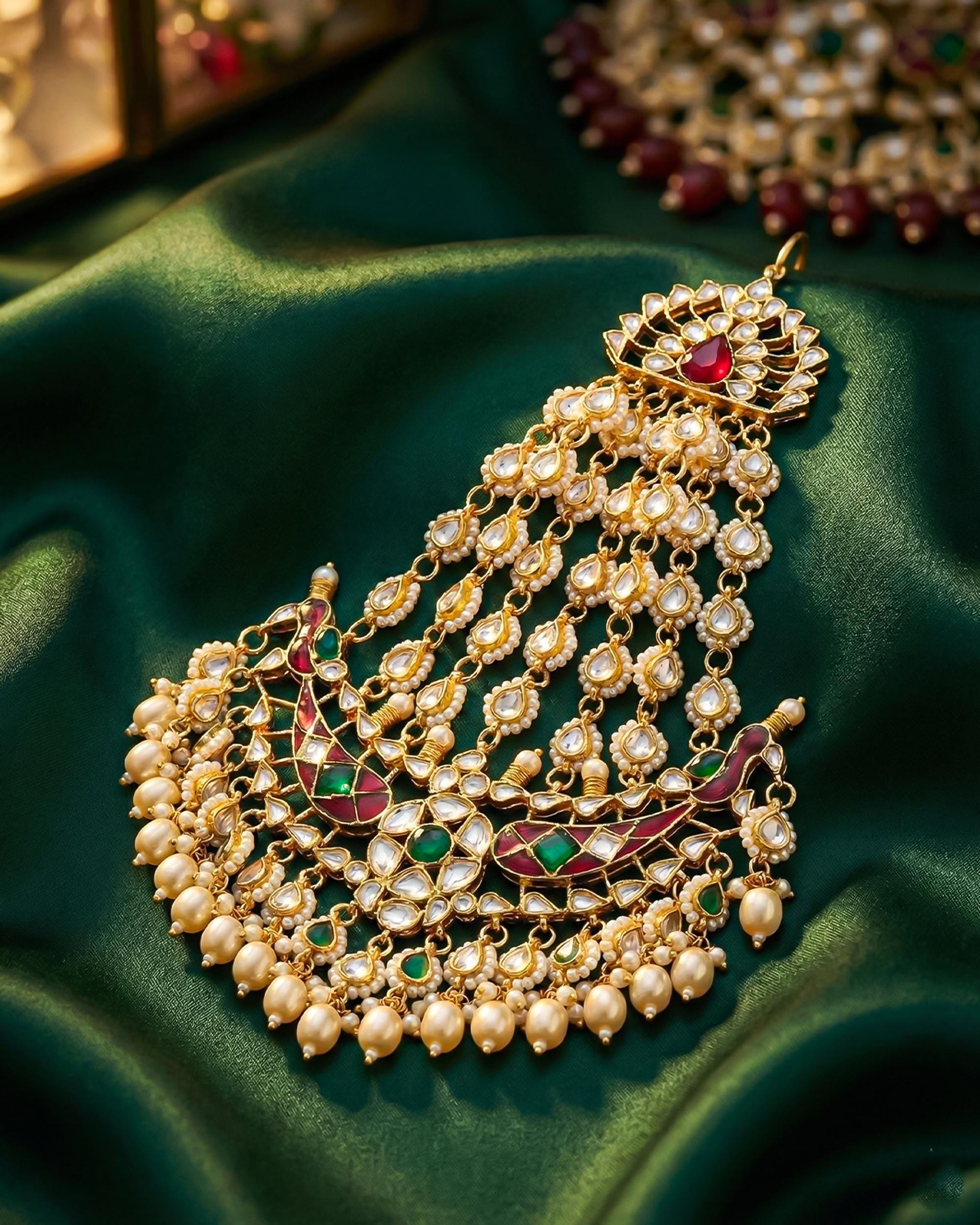 Traditional Kundan Meenakari Passa | Ruby Emerald Bridal Jhumar Headpiece