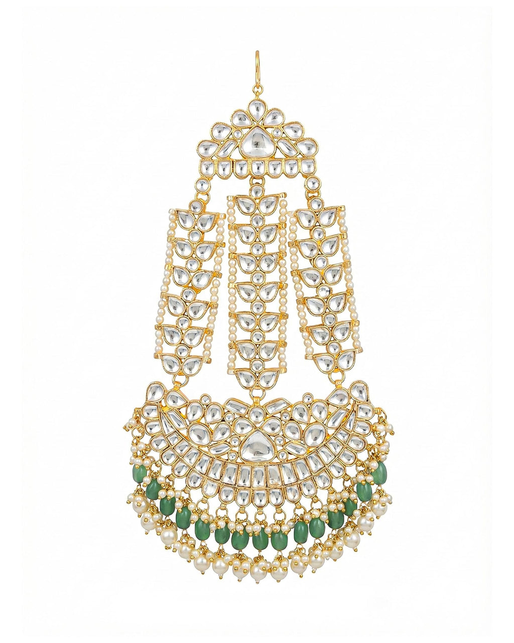 Traditional Kundan Pearl Passa | Indian Bridal Jhumar Headpiece, Green Beads