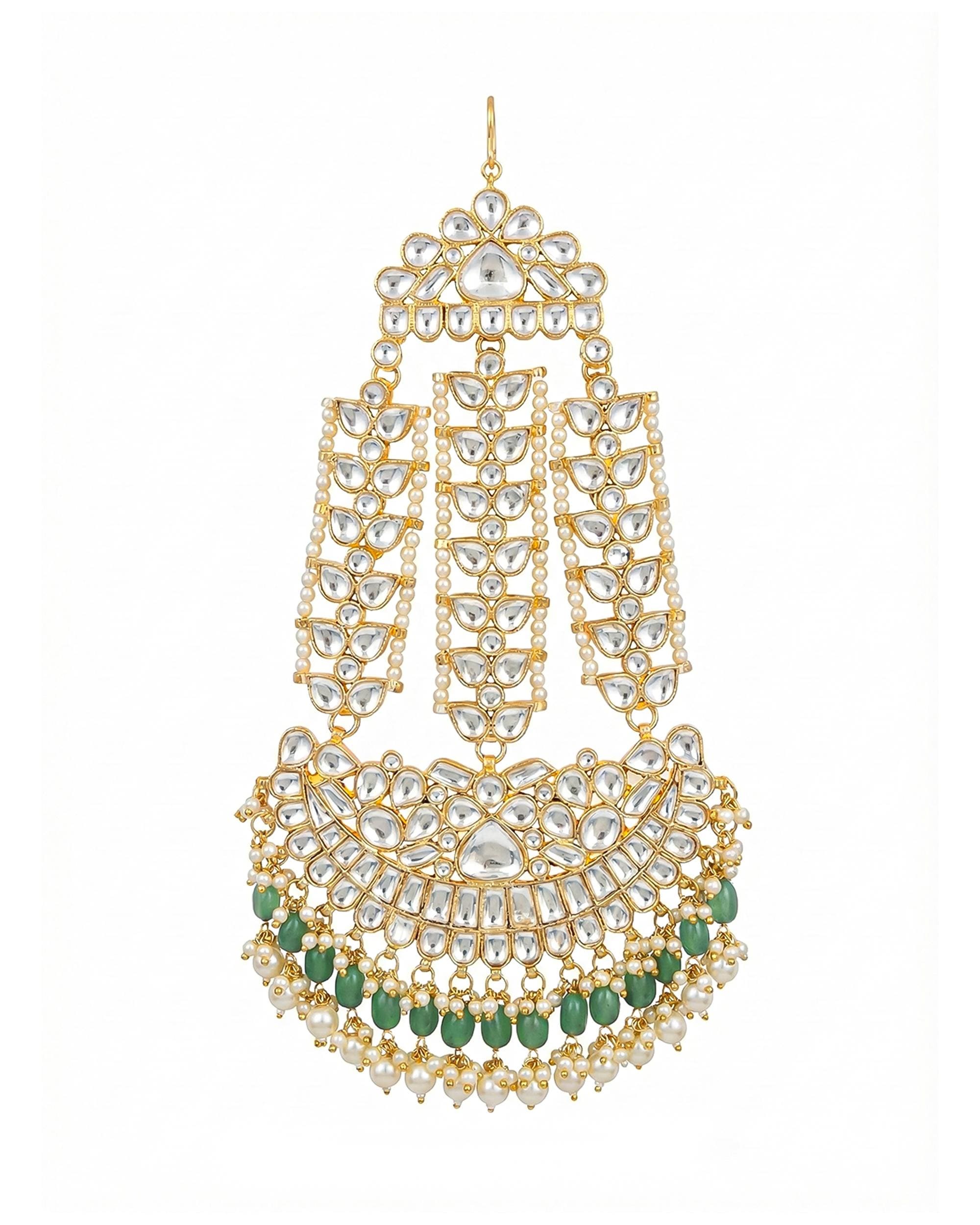 Traditional Kundan Pearl Passa | Indian Bridal Jhumar Headpiece, Green Beads