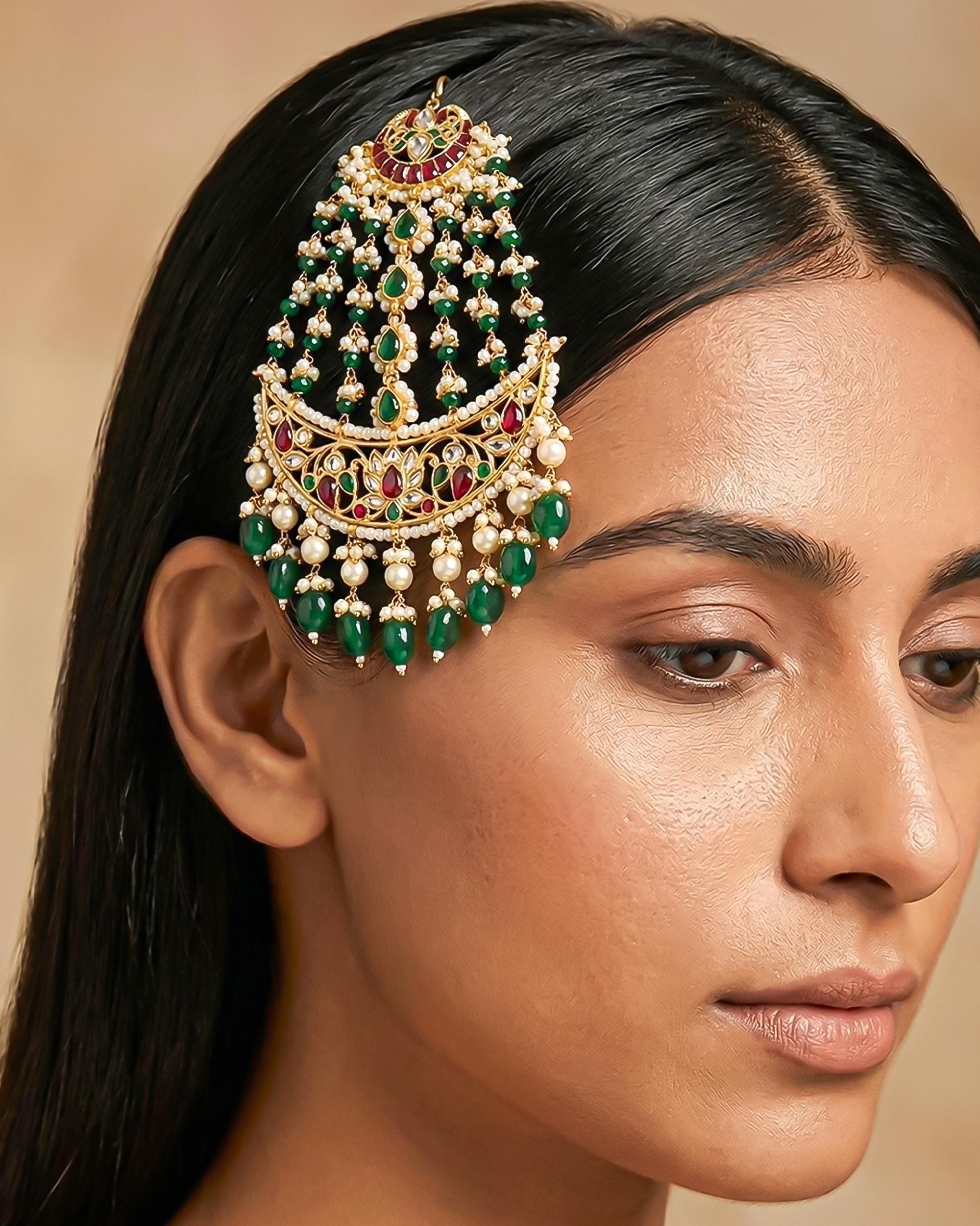 Traditional Kundan Pearl Passa | Indian Bridal Jhumar Headpiece, Ruby Emerald Stones