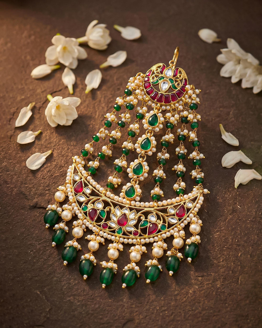 Traditional Kundan Pearl Passa | Indian Bridal Jhumar Headpiece, Ruby Emerald Stones
