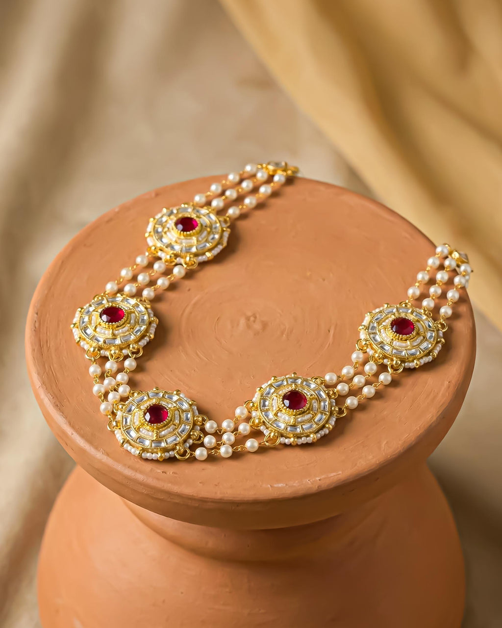 Traditional Kundan Pearl Sheeshpatti | Indian Bridal Head Jewelry, Ruby Stone Headband