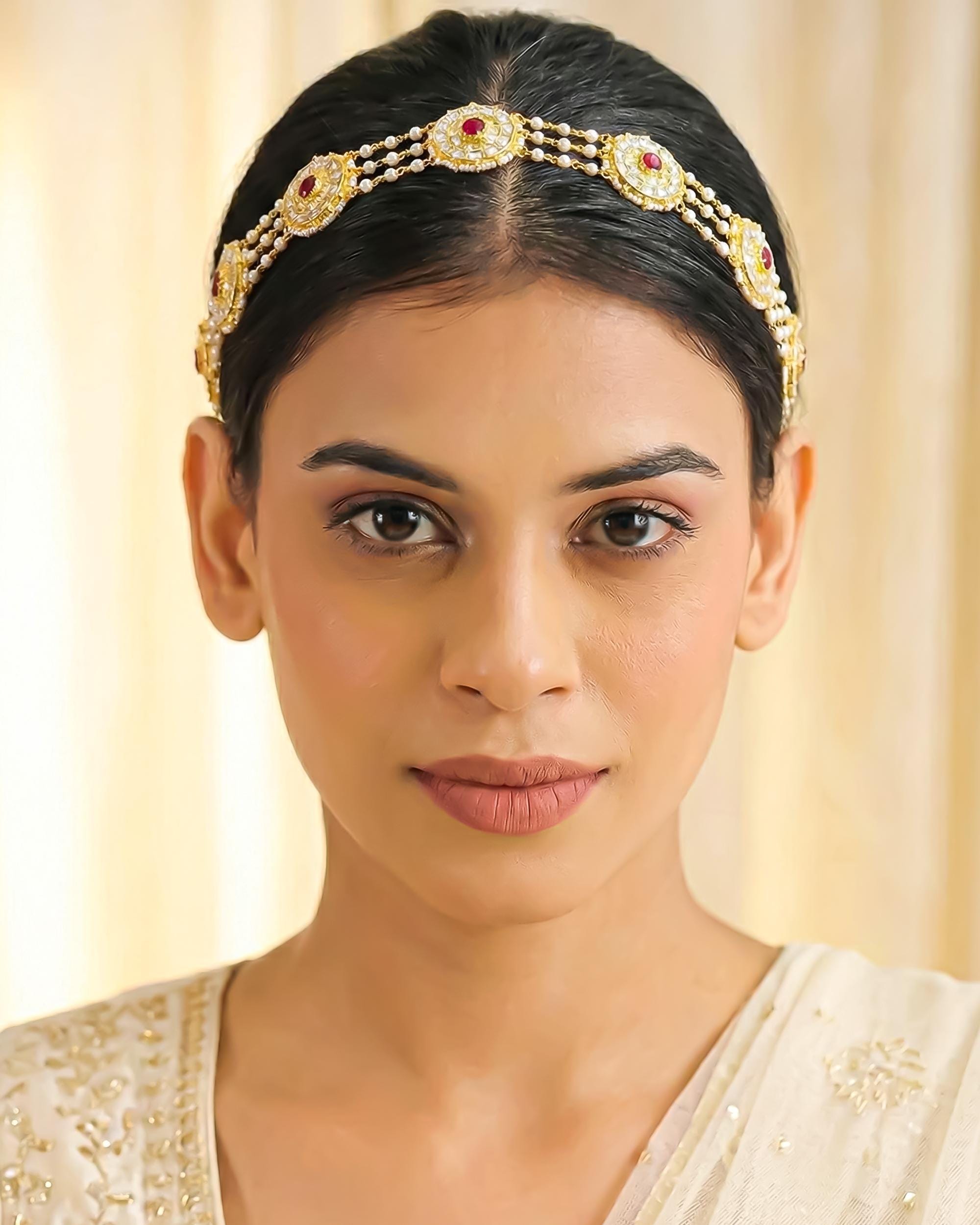 Traditional Kundan Pearl Sheeshpatti | Indian Bridal Head Jewelry, Ruby Stone Headband
