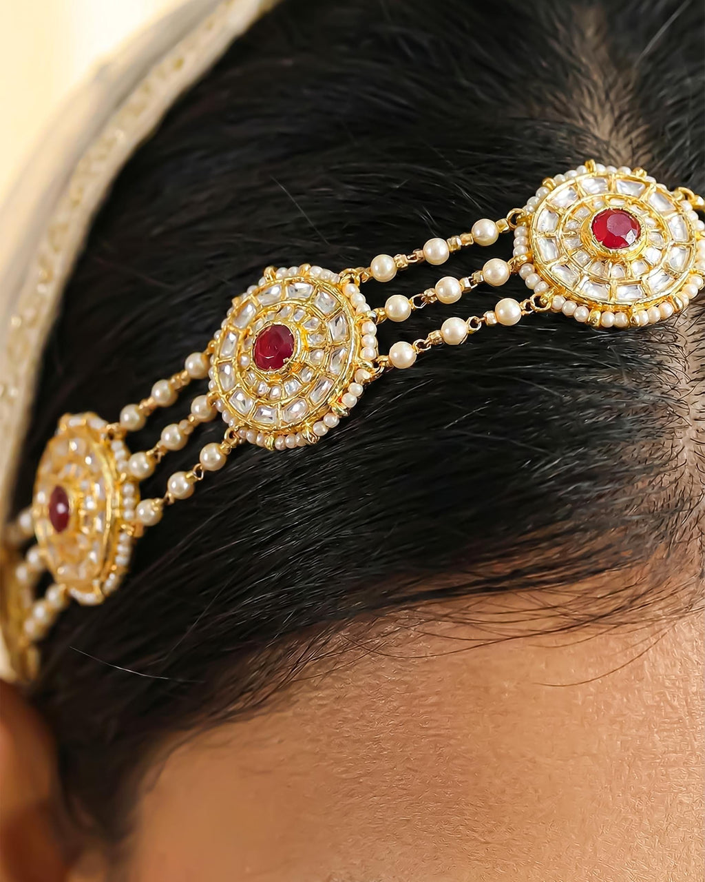 Traditional Kundan Pearl Sheeshpatti | Indian Bridal Head Jewelry, Ruby Stone Headband