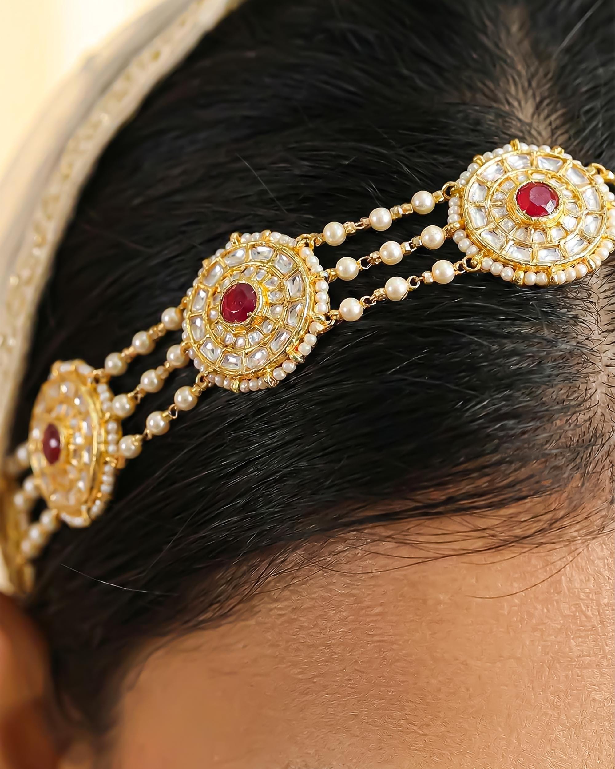 Traditional Kundan Pearl Sheeshpatti | Indian Bridal Head Jewelry, Ruby Stone Headband