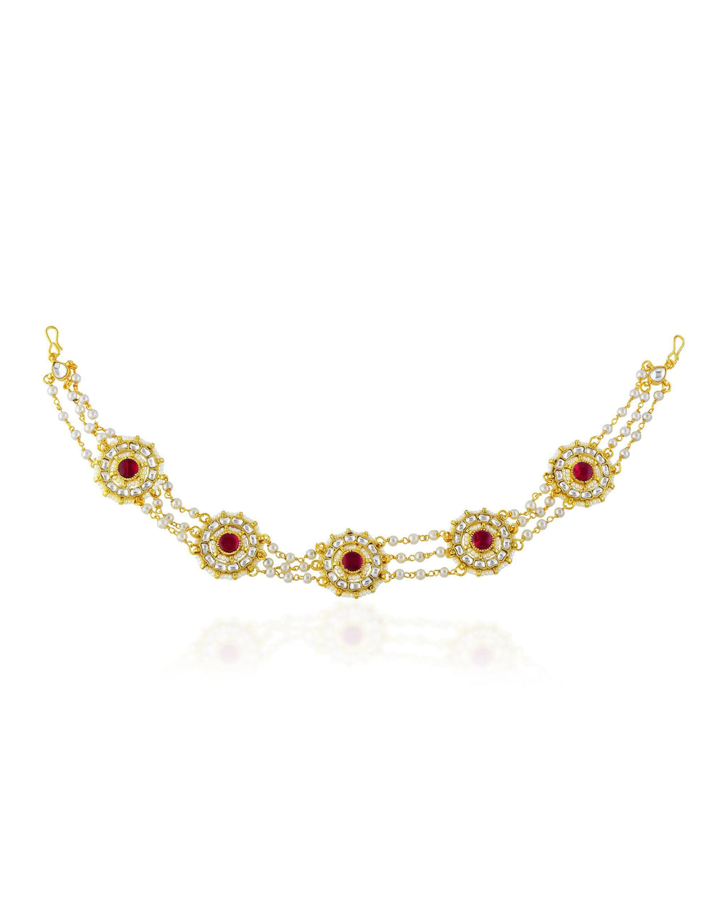 Traditional Kundan Pearl Sheeshpatti | Indian Bridal Head Jewelry, Ruby Stone Headband