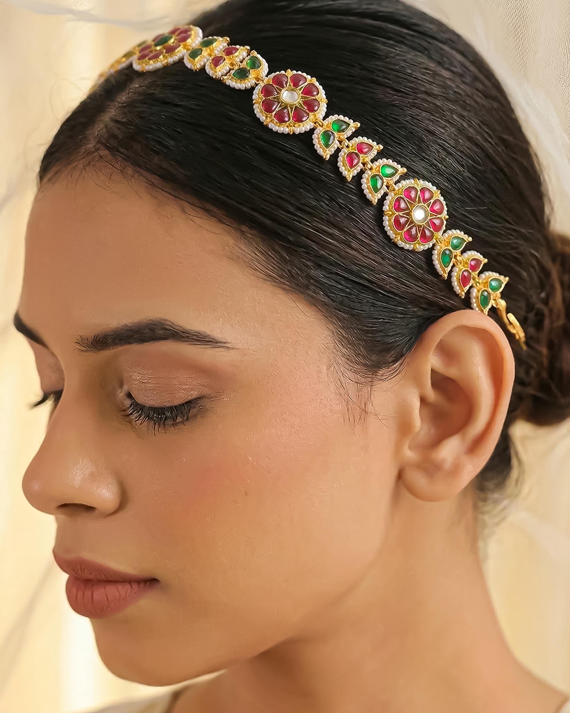 Traditional Kundan Meenakari Sheeshpatti | Ruby Emerald Stone Headband, Ethnic Bridal Accessory