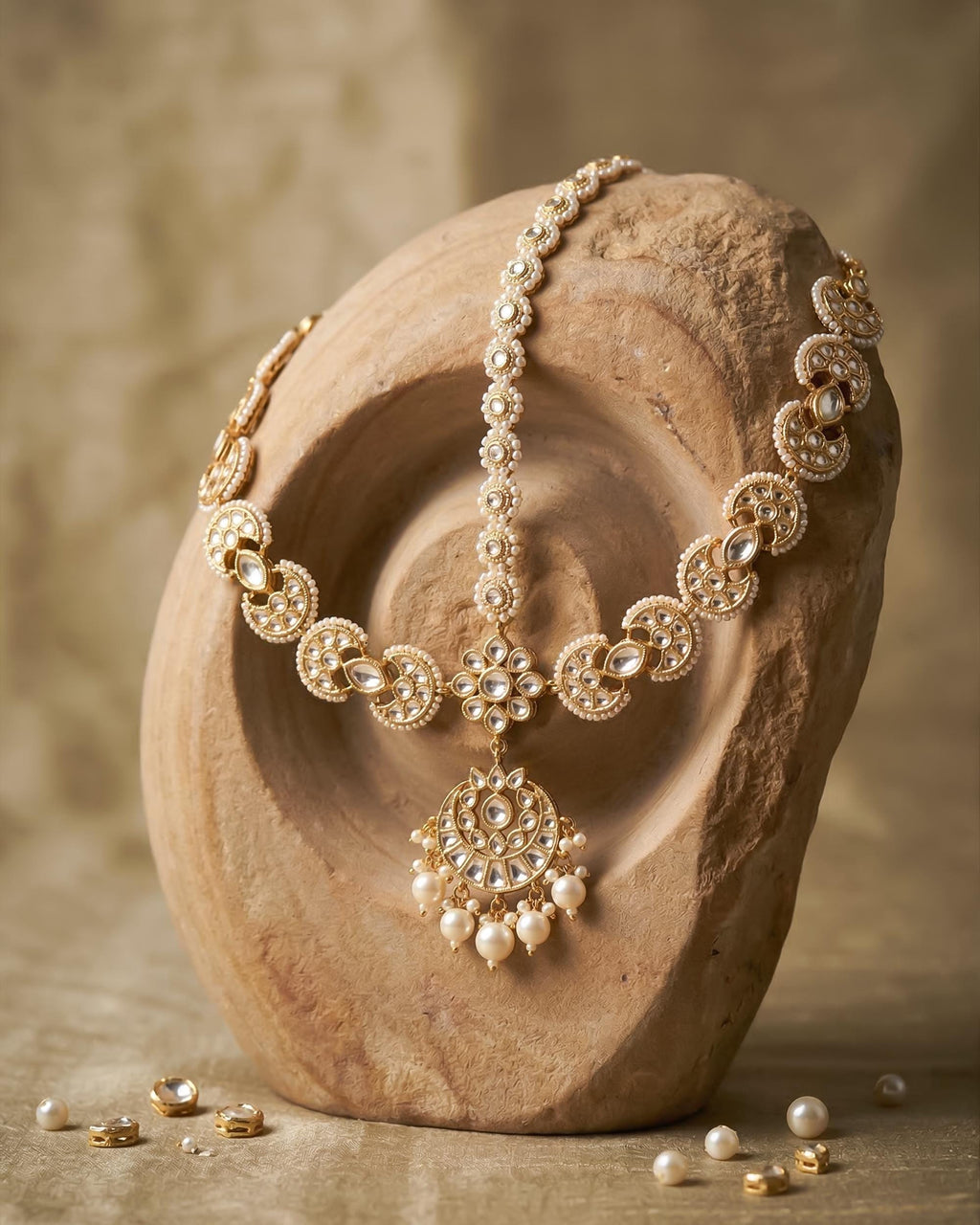 Kundan Pearl Sheeshpatti | Ethnic Indian Bridal Crescent Headpiece, Wedding Accessory