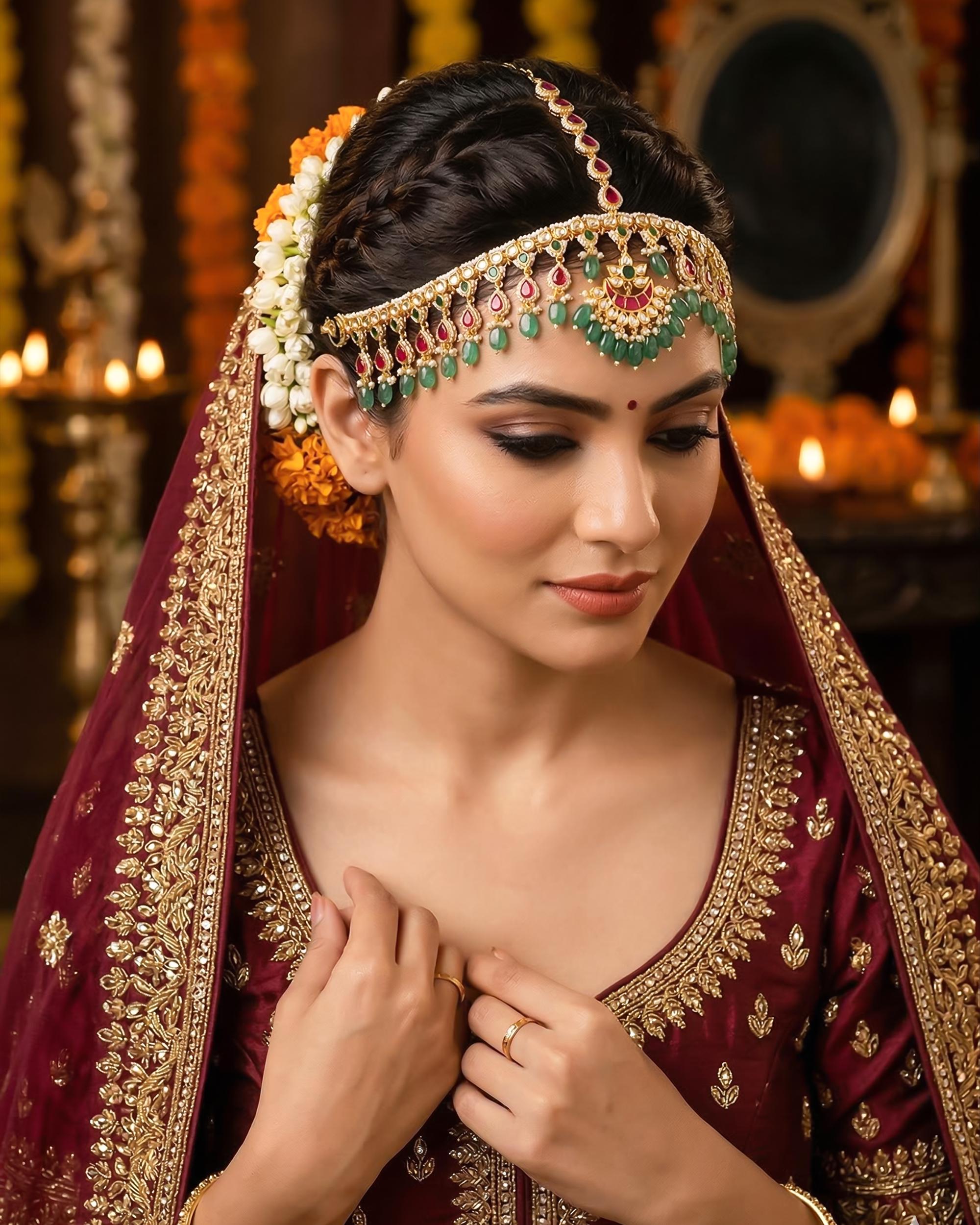 Kundan Polki Bridal Sheeshpatti, Gold Pearl Headpiece, Indian Wedding Maang Tikka