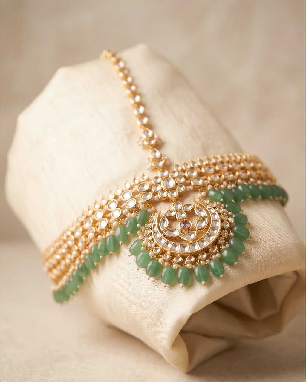 Kundan Polki Sheeshpatti with Green Beads | Indian Bridal Headpiece, Mughal Style Maang Tikka