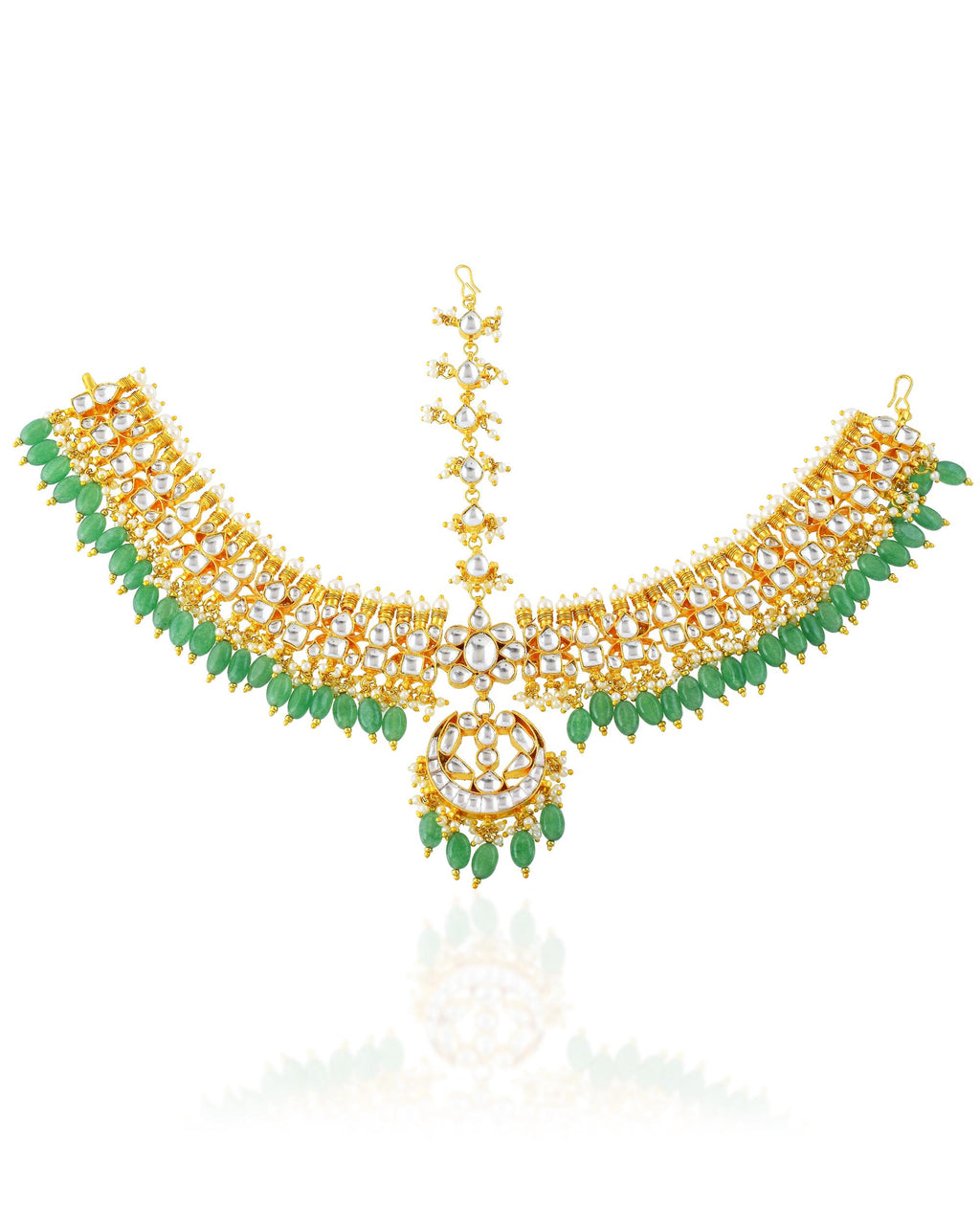 Kundan Polki Sheeshpatti with Green Beads | Indian Bridal Headpiece, Mughal Style Maang Tikka